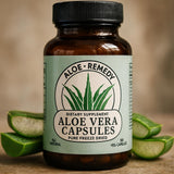 Aloe Remedy Aloe Vera Capsules on a wooden table