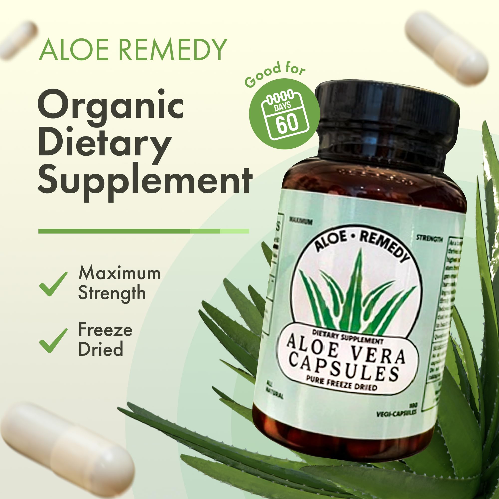 Aloe Remedy Aloe Vera Capsules side view showing capsule details