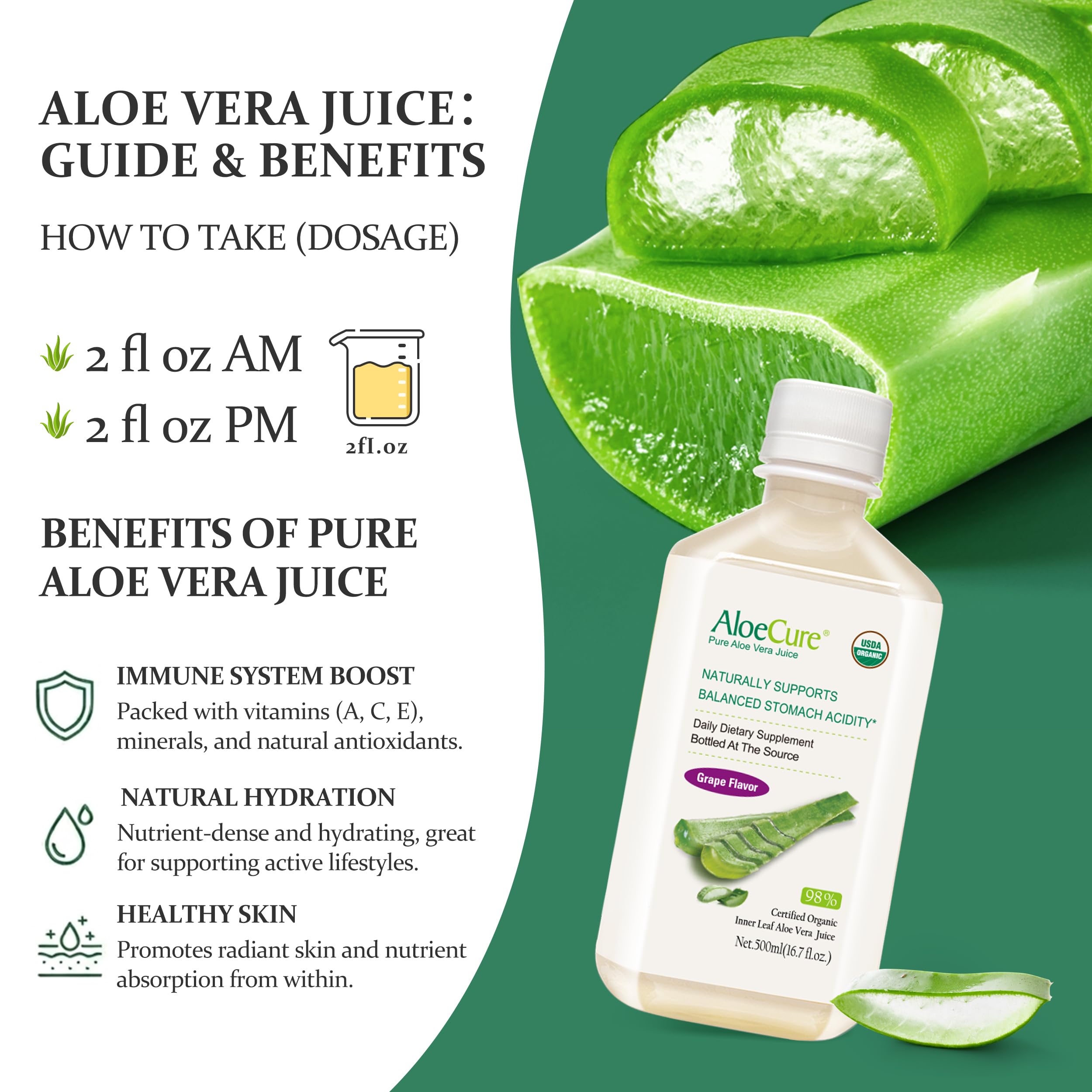 AloeCure Organic Aloe Vera Juice 2400g with fresh aloe leaves