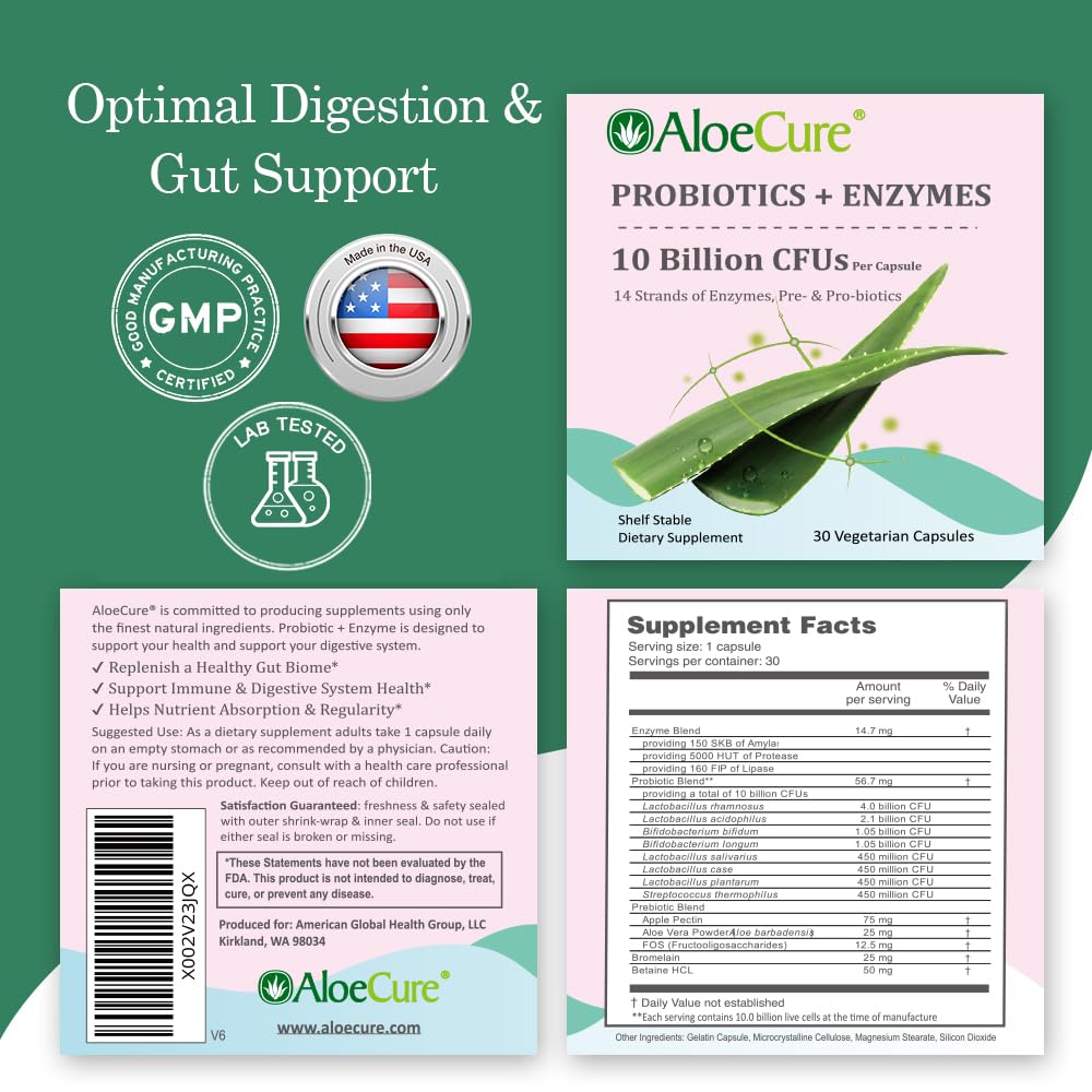 AloeCure Probiotic Prebiotics 10 Billion CFU bottle on table