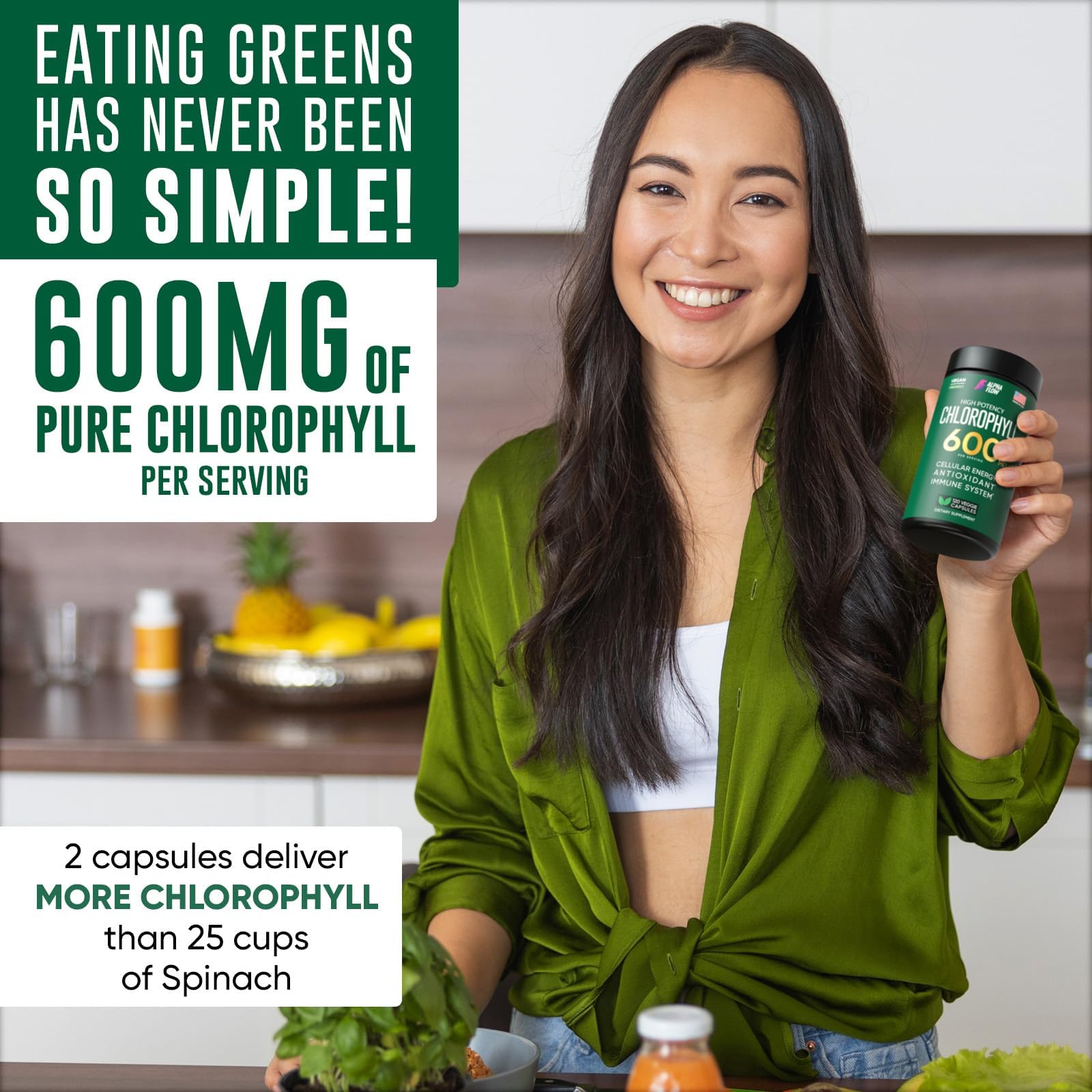Alpha Flow Chlorophyll Capsules 600mg bottle side view