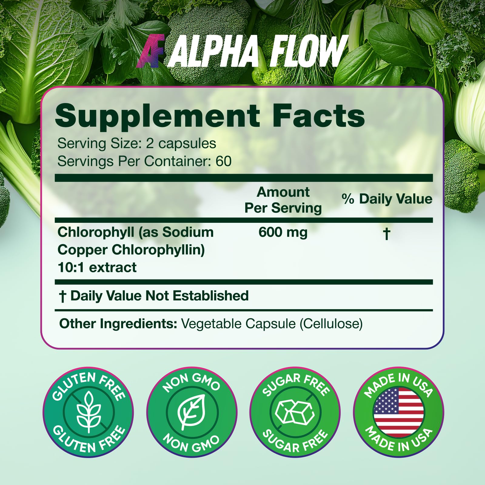 Alpha Flow Chlorophyll Capsules 600mg displayed with a glass of water
