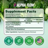 Alpha Flow Chlorophyll Capsules 600mg displayed with a glass of water
