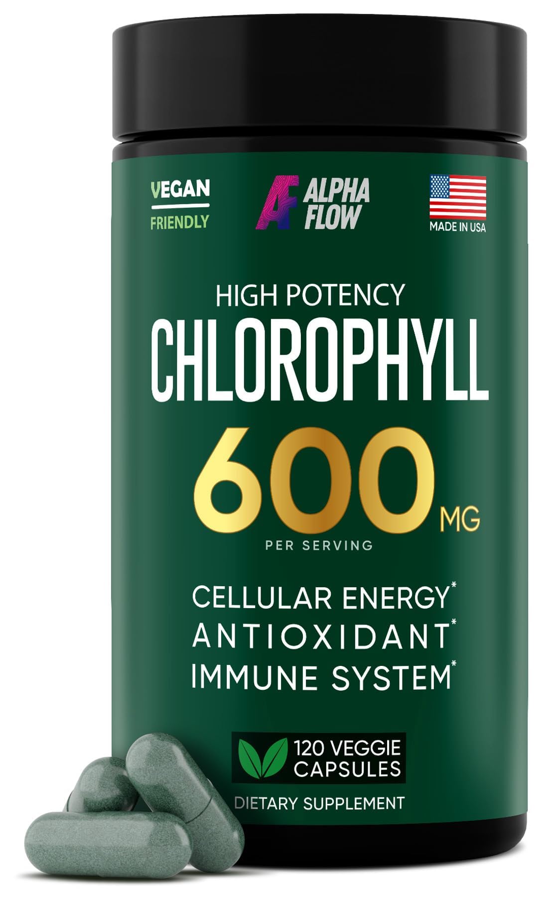 Alpha Flow Chlorophyll Capsules 600mg front view
