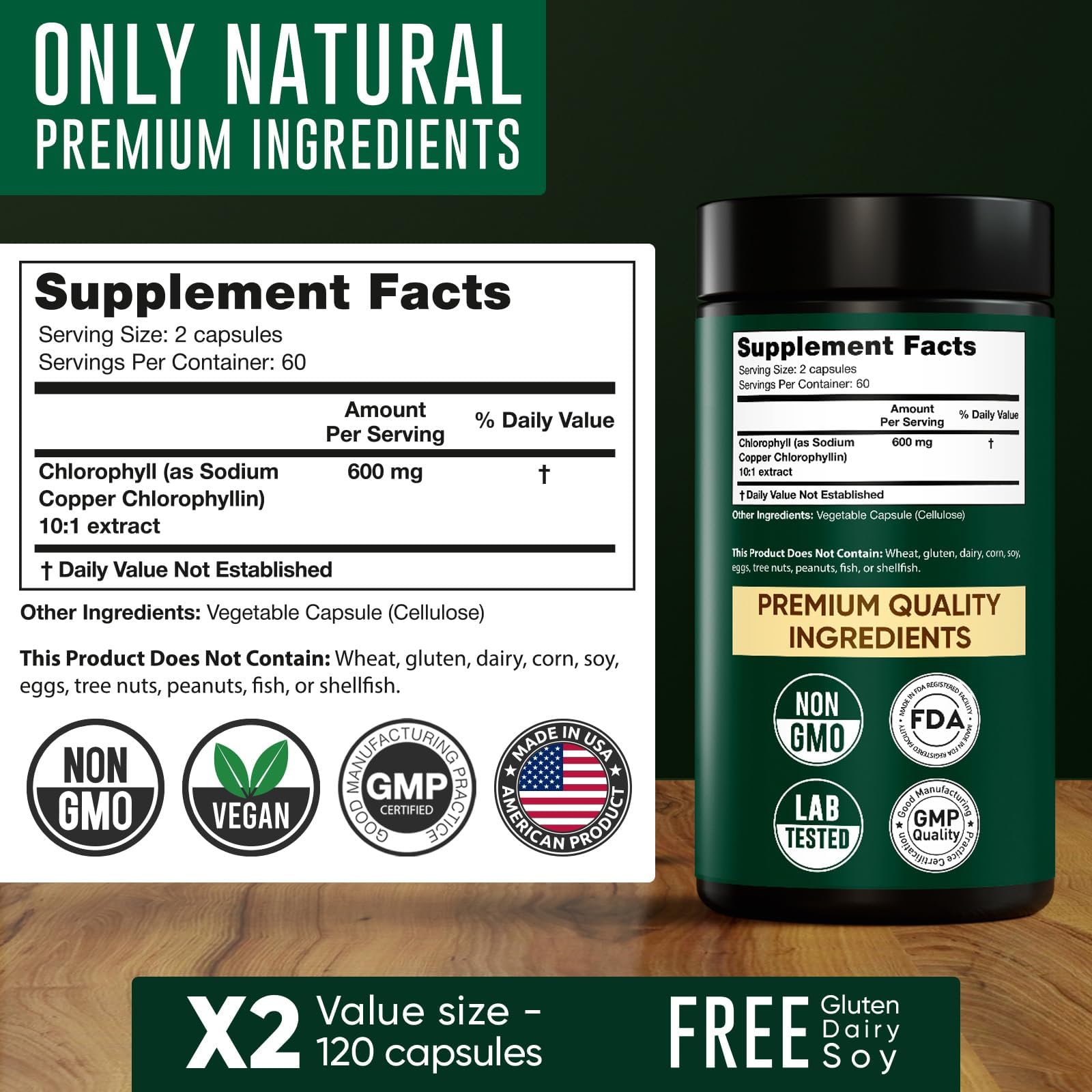 Alpha Flow Chlorophyll Capsules 600mg with fresh greens