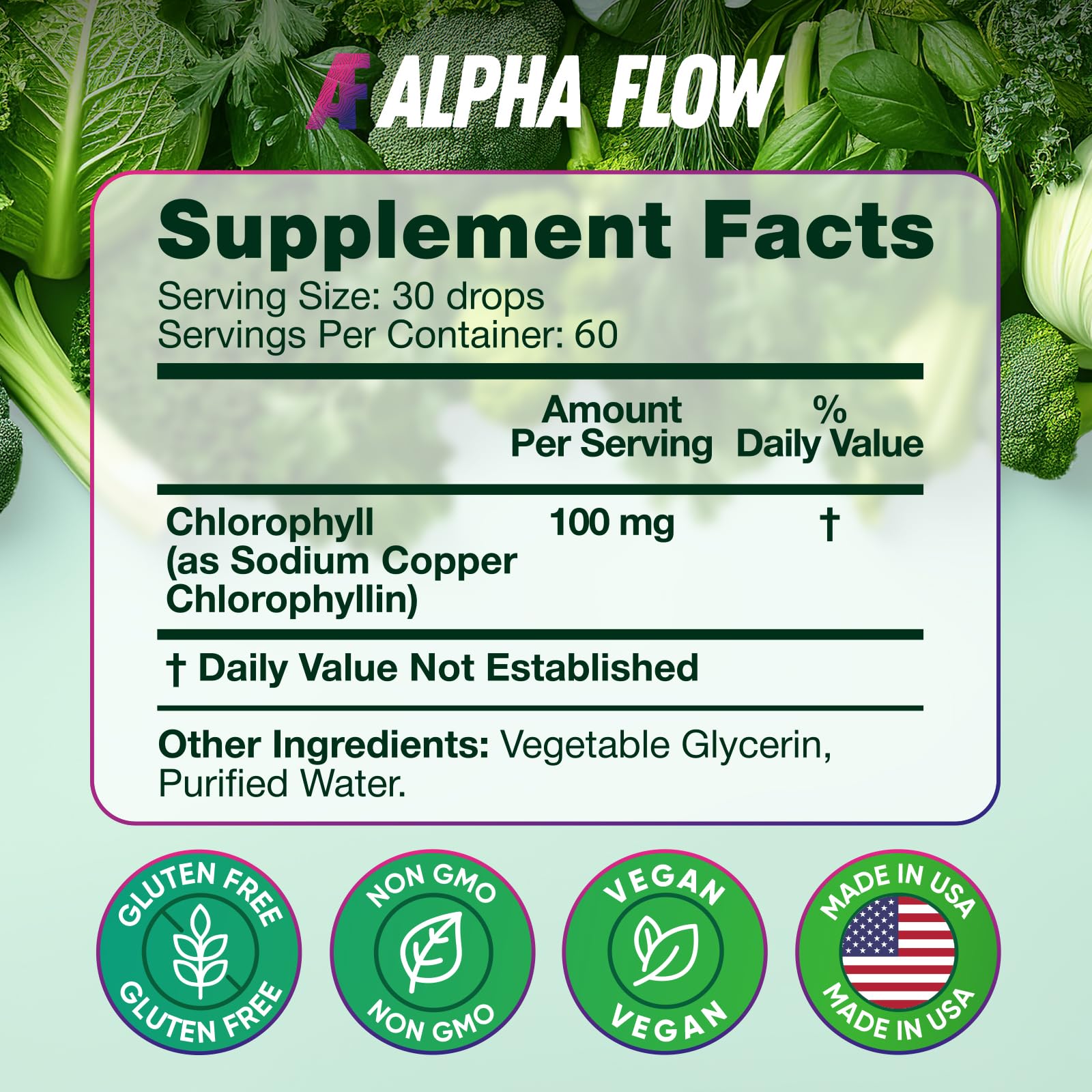 Alpha Flow Chlorophyll Liquid Drops on a kitchen counter