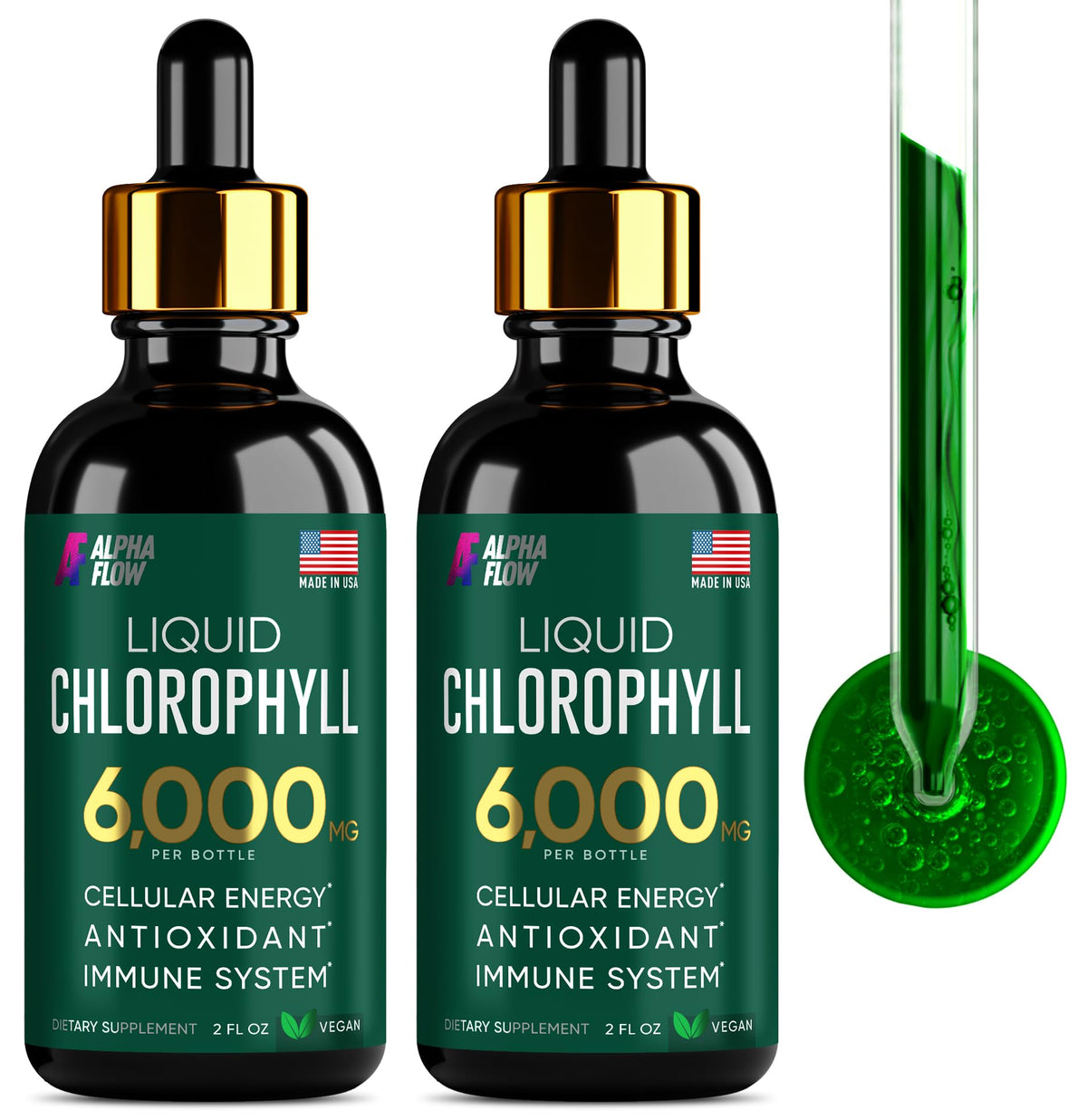 Alpha Flow Chlorophyll Liquid Drops two bottles front view