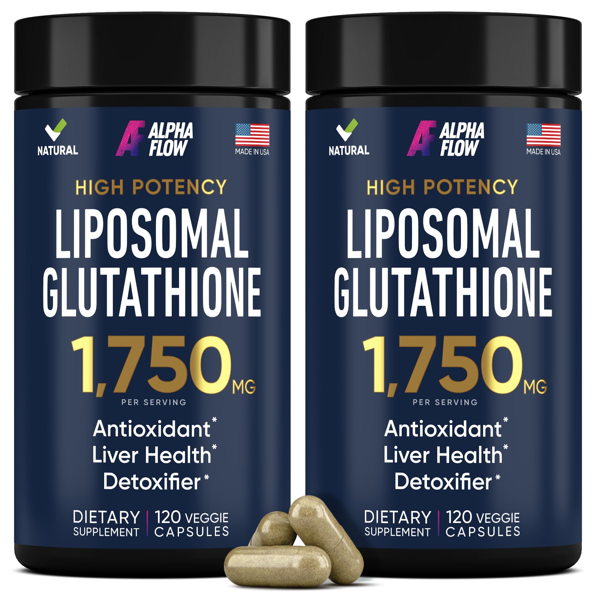 Alpha Flow High Potency Glutathione Supplement front view with two bottles