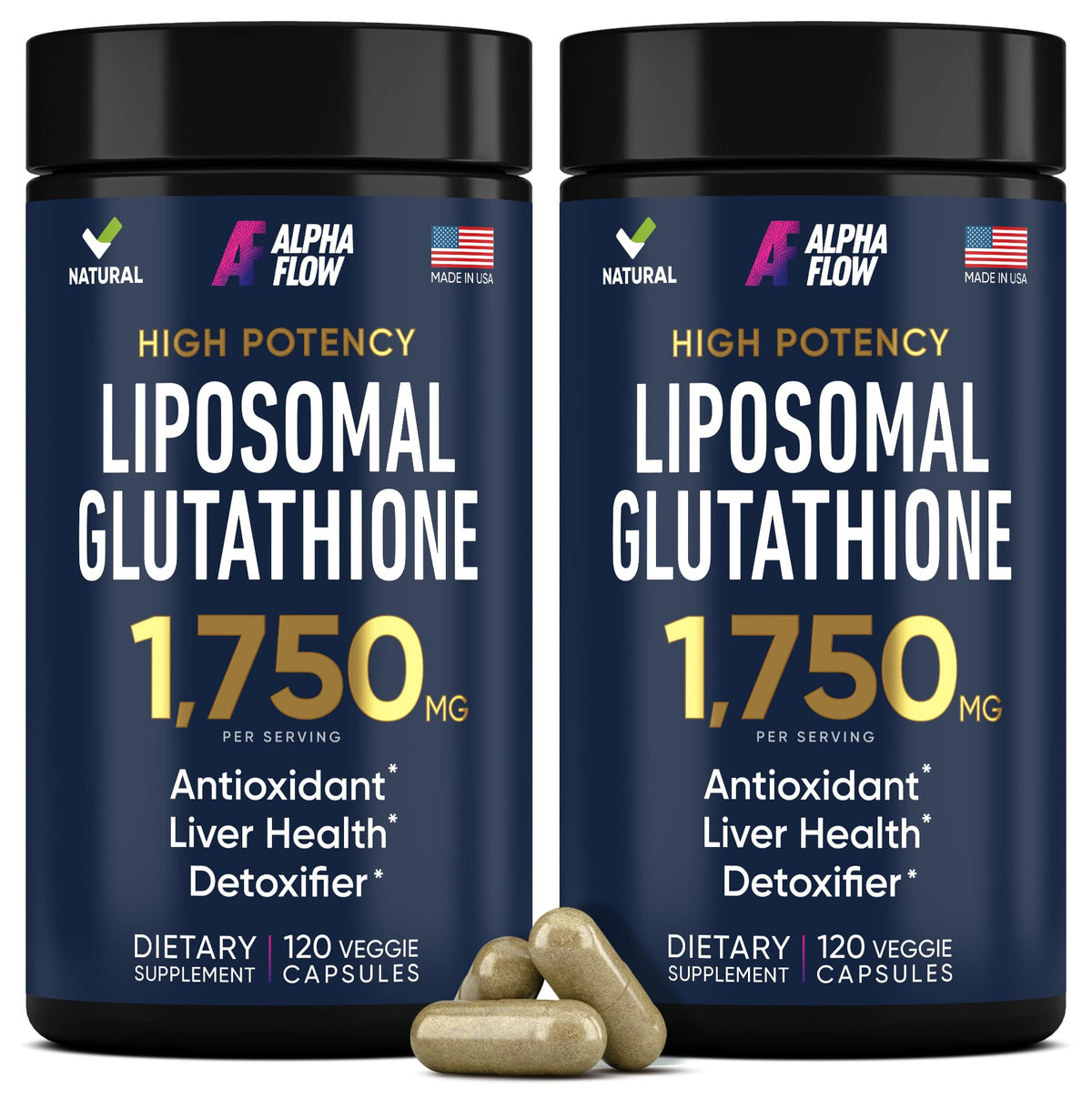 Alpha Flow High Potency Glutathione Supplement front view with two bottles