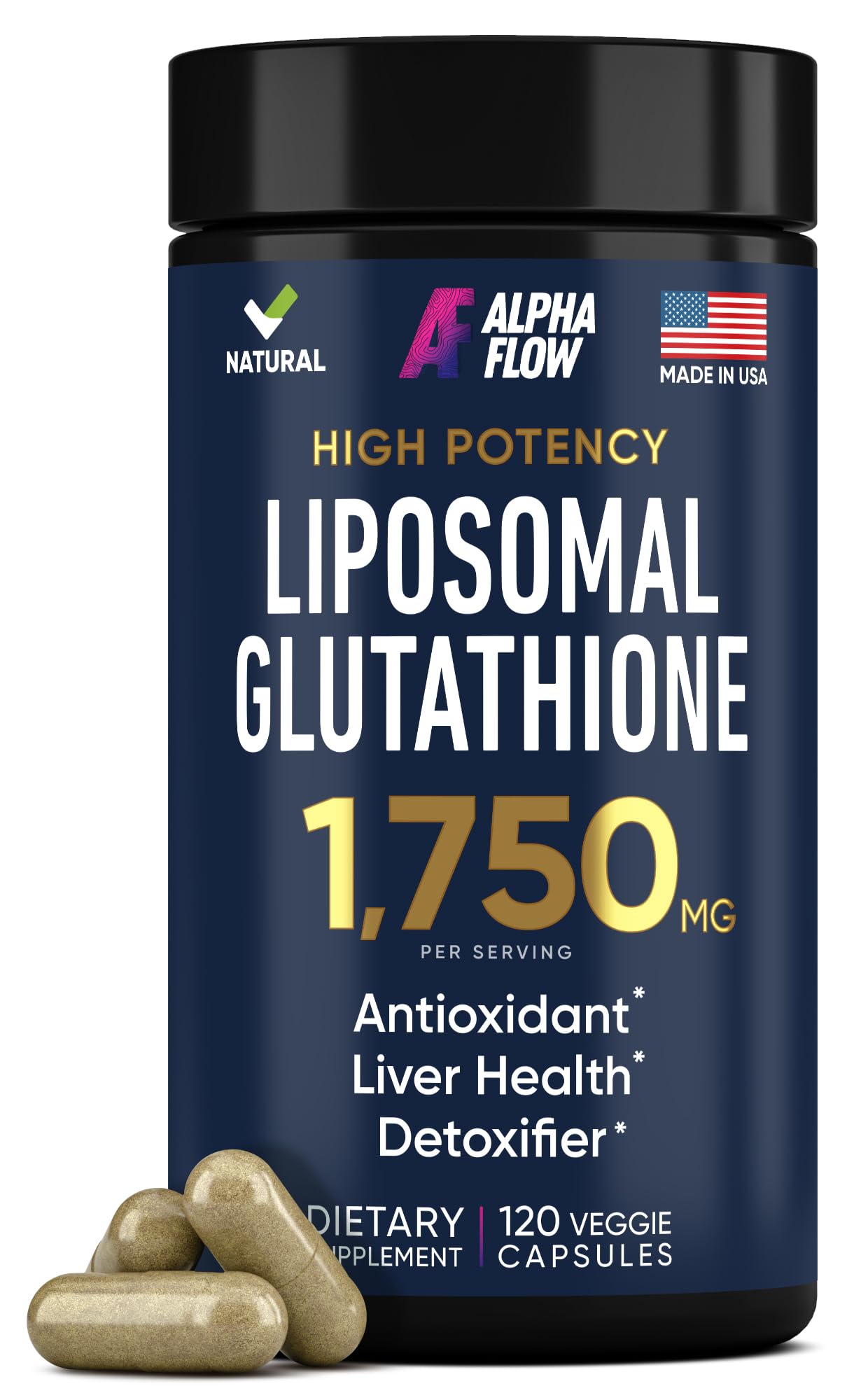 Alpha Flow Liposomal Glutathione Capsules front view with packaging