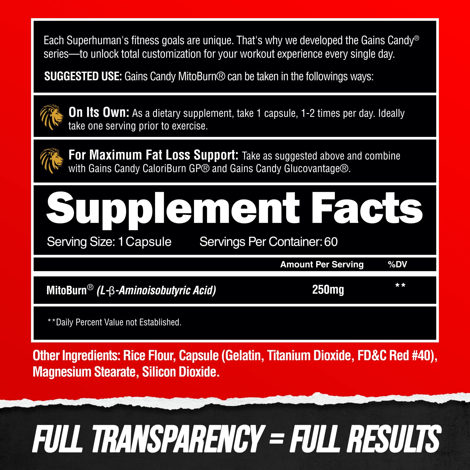 ALPHA LION Gains Candy MitoBurn Fat Burner Capsules close-up of label