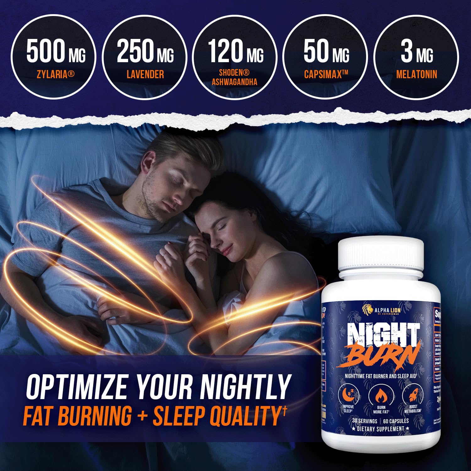 ALPHA LION Night Burn supplement bottle with measuring spoon