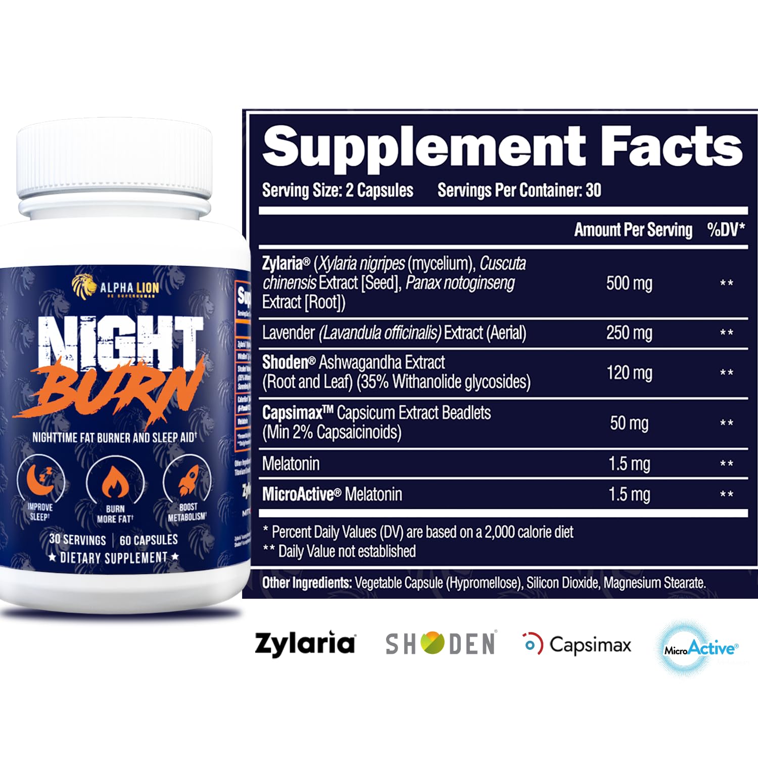 ALPHA LION Night Burn supplement packaging details