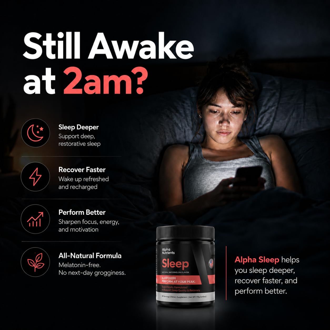Alpha Nutrients Sleep Powder packaging with ingredients listed