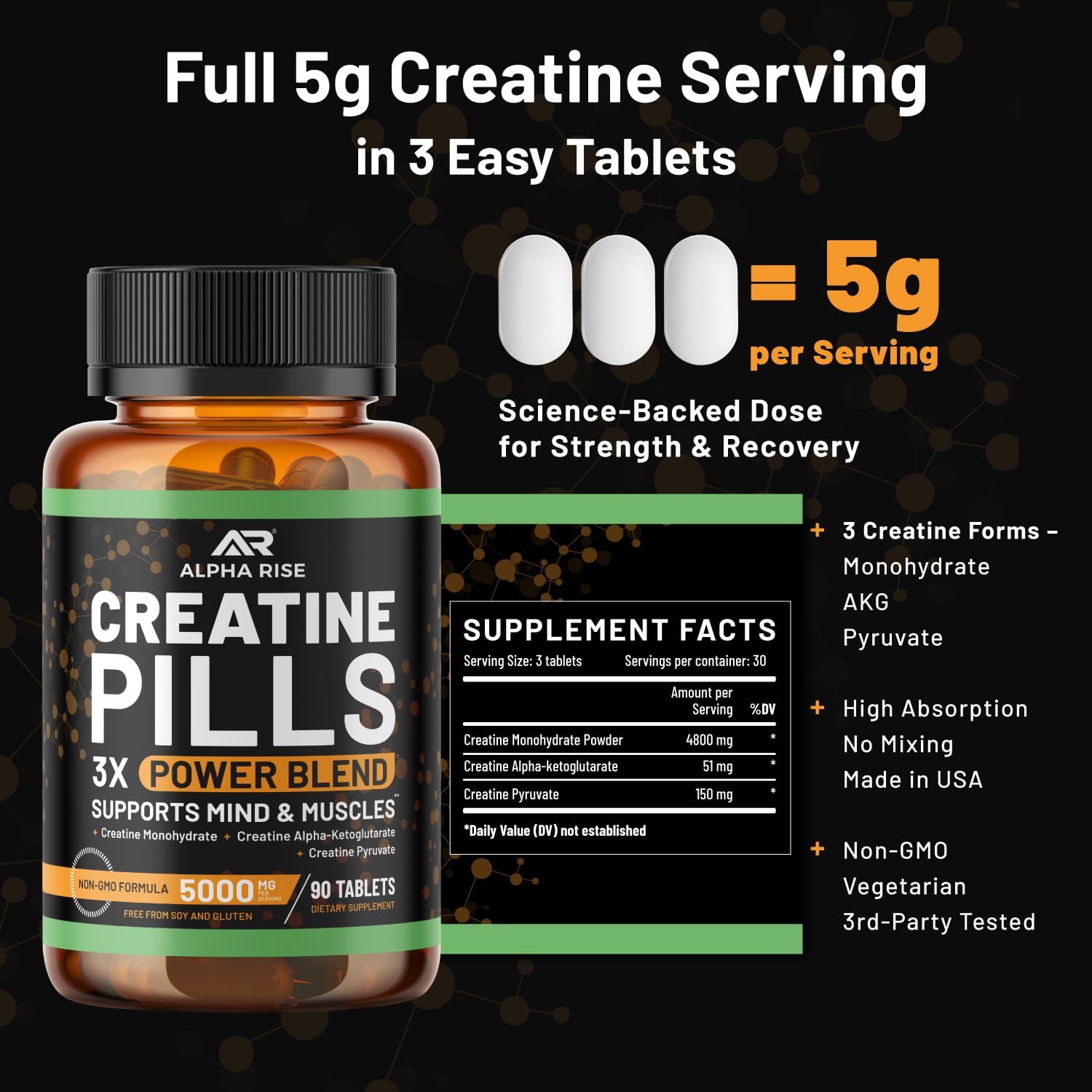 ALPHA RISE Creatine Pills with three tablets displayed