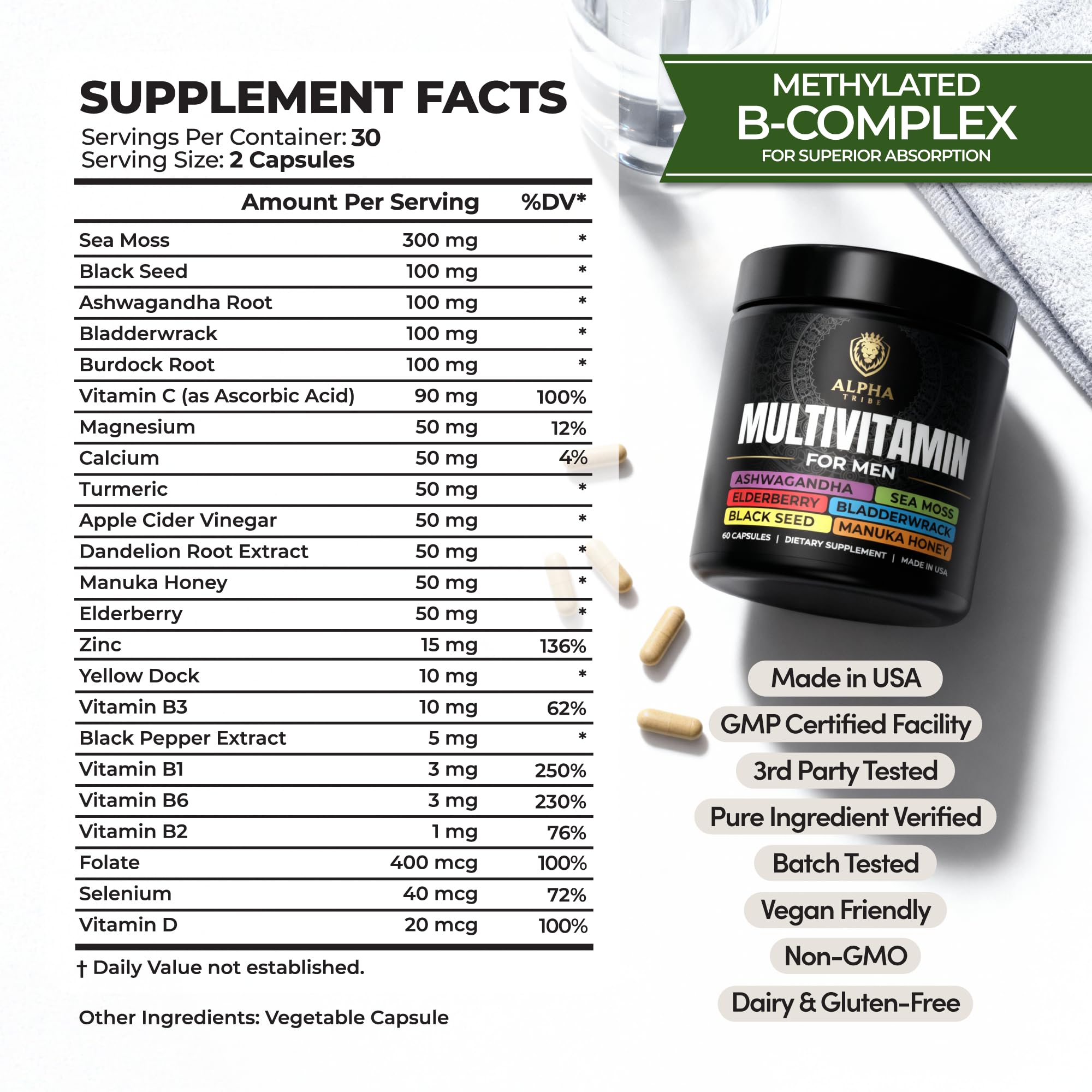 Alpha Tribe Men's Daily Multivitamin side view showing ingredient list