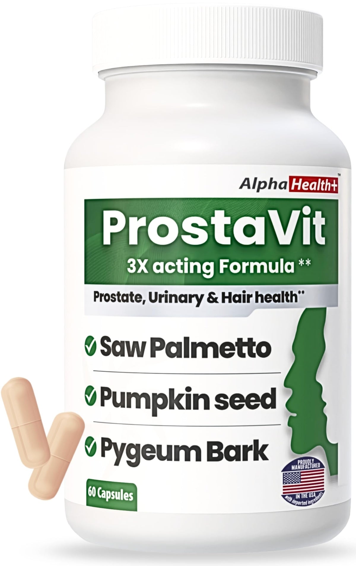 AlphaHealth+ Saw Palmetto Prostate Support 600mg capsules front view