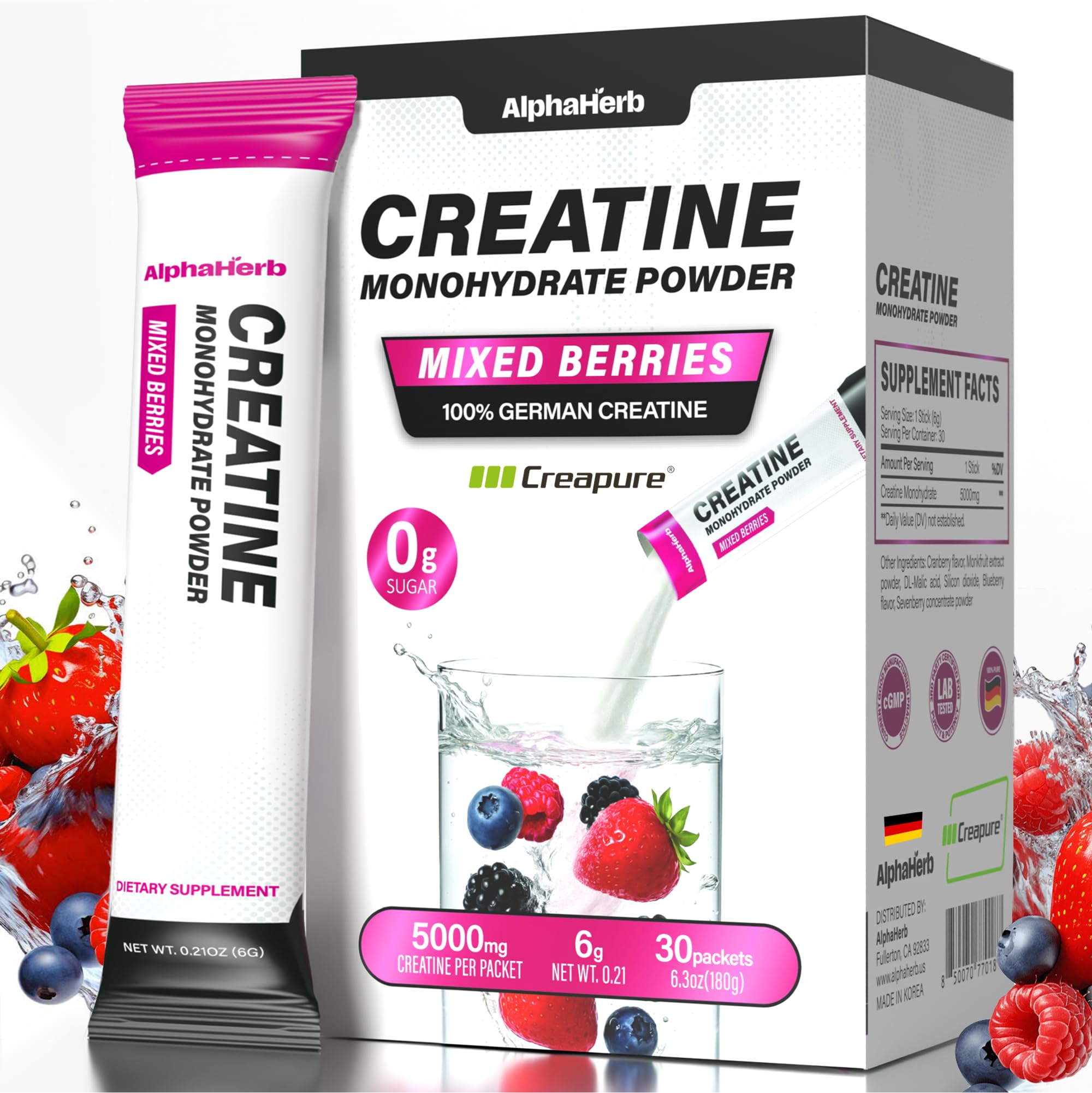 AlphaHerb Creapure Creatine Monohydrate 5000mg stick pack front view
