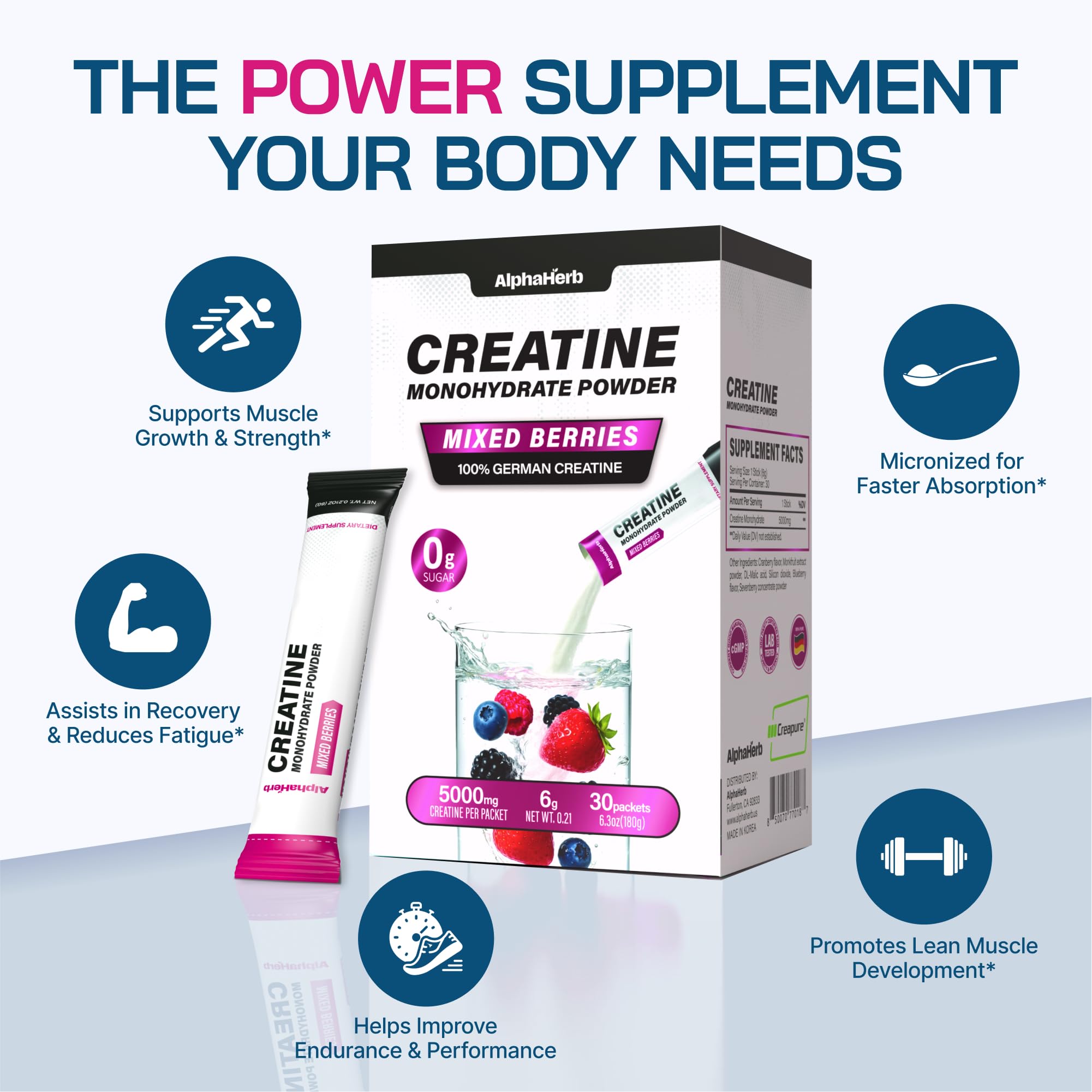 AlphaHerb Creapure Creatine Monohydrate stick pack mixed berry flavour
