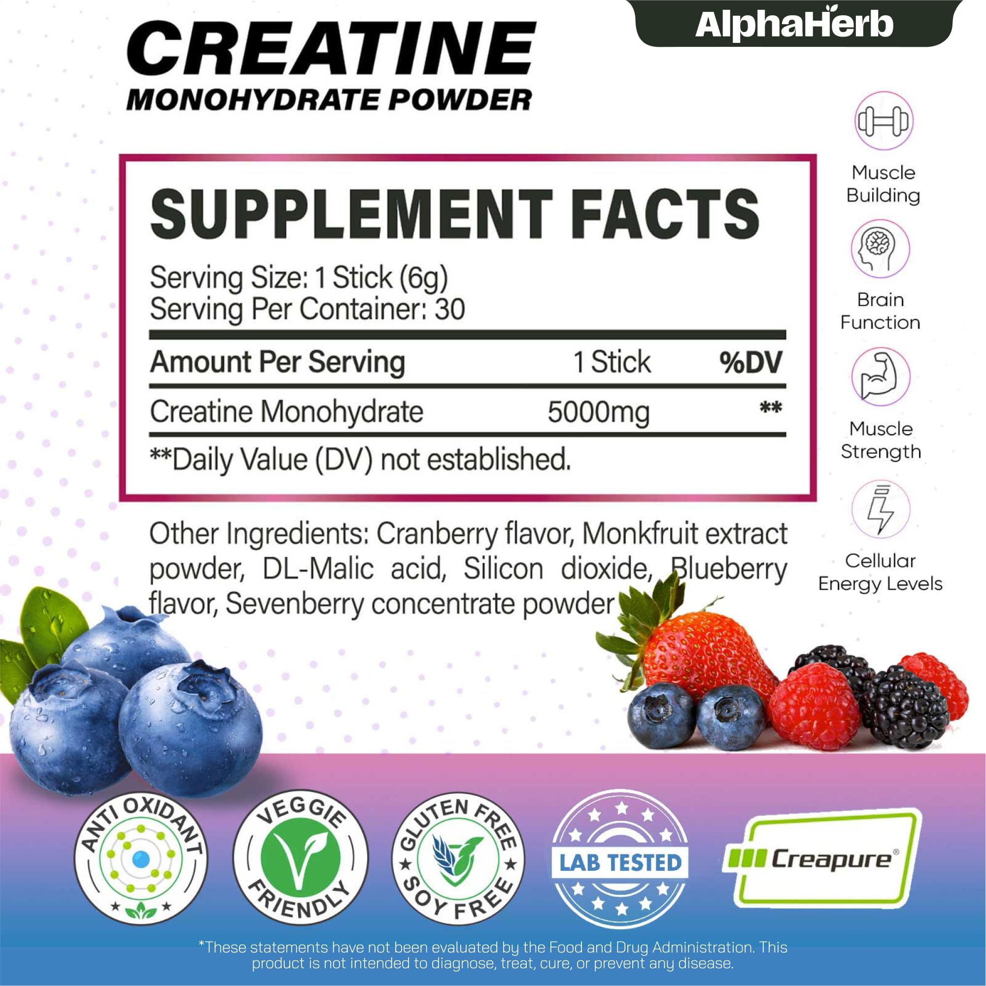 AlphaHerb Creapure Creatine Monohydrate stick pack open with powder