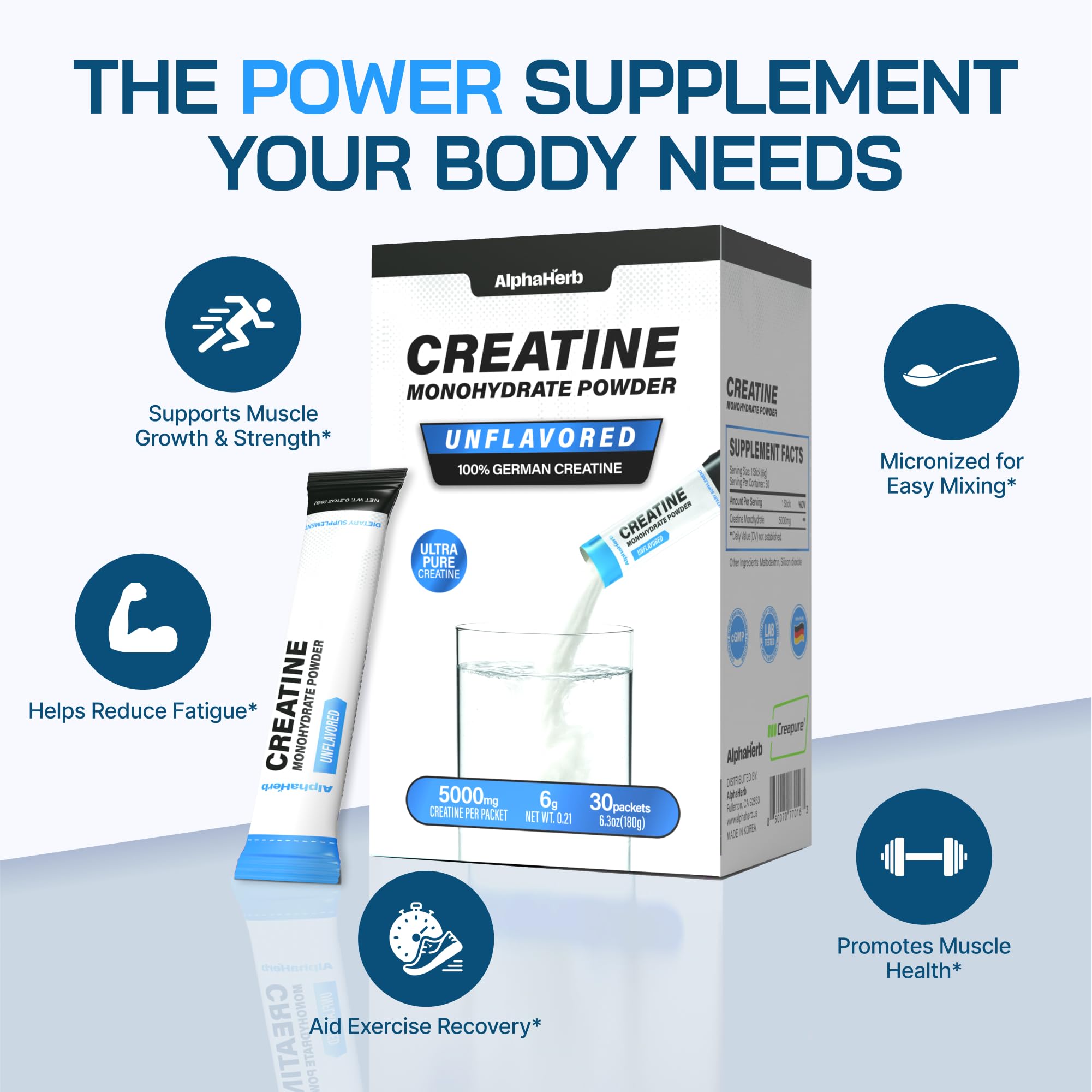 AlphaHerb Creapure Creatine Monohydrate stick pack opened with powder