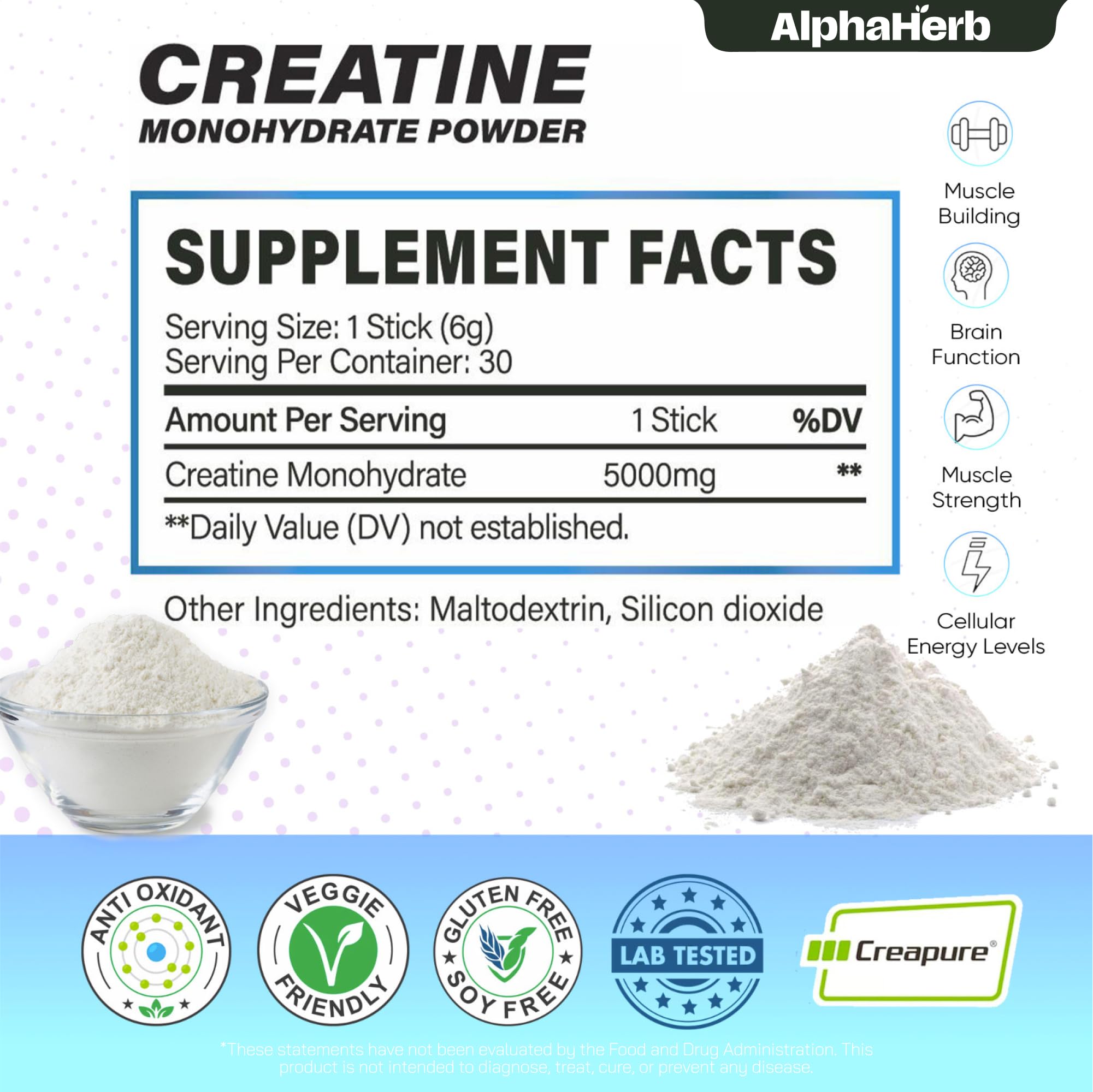 AlphaHerb Creapure Creatine Monohydrate stick packs on a gym bench