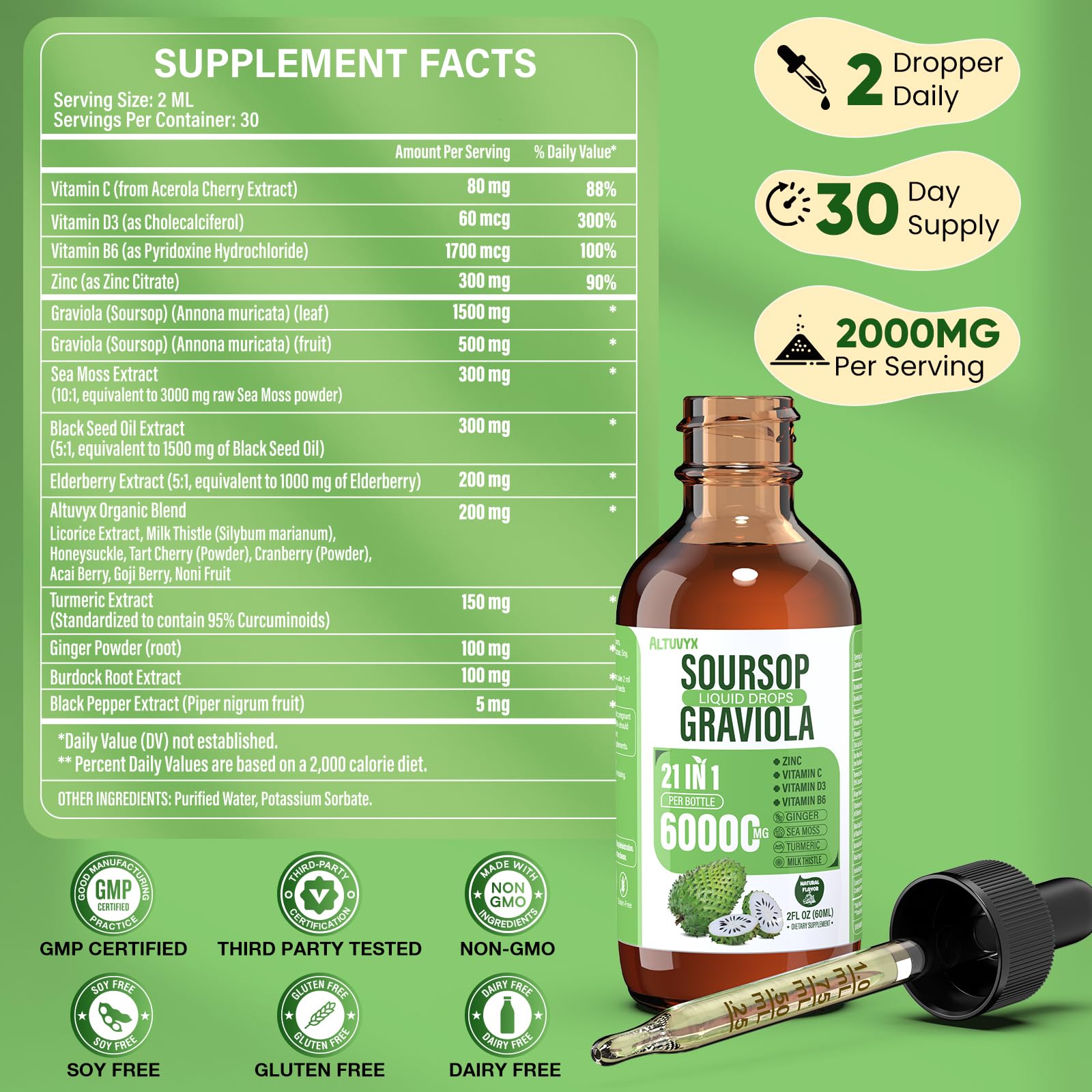 Altuvyx Soursop Liquid Drops back view with nutritional information