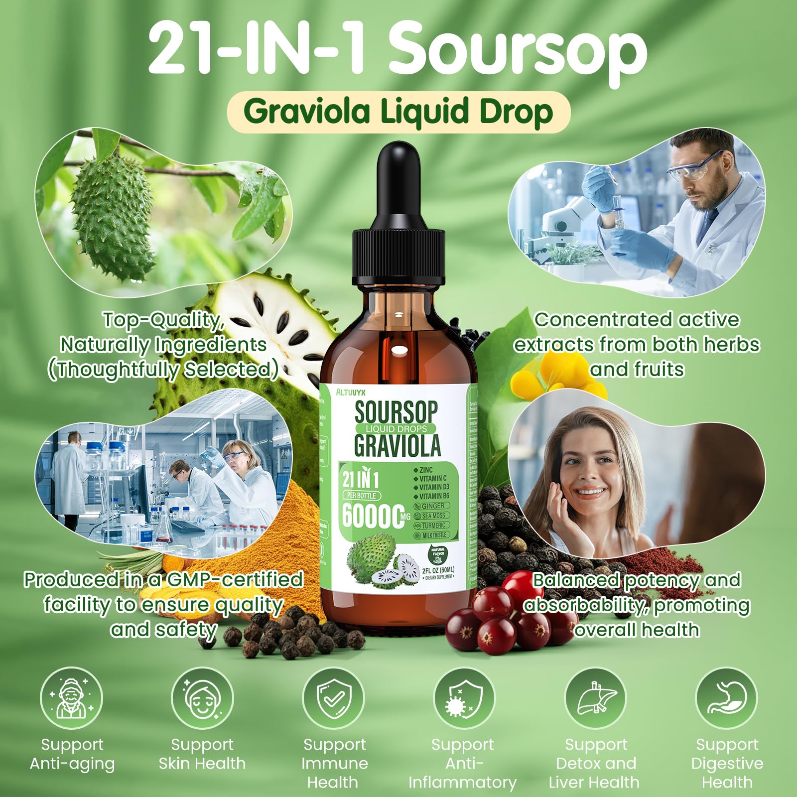 Altuvyx Soursop Liquid Drops in a glass of water