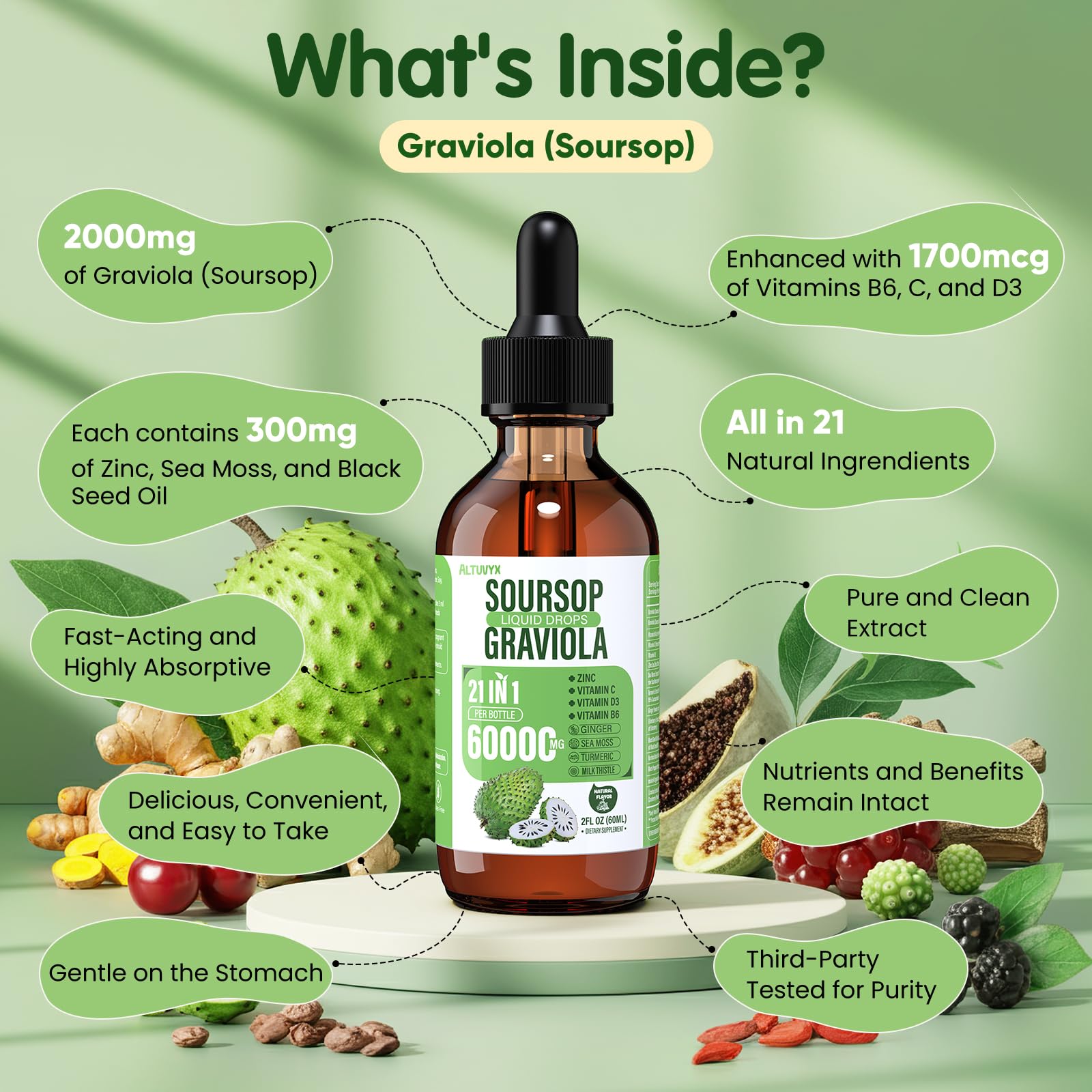 Altuvyx Soursop Liquid Drops with turmeric and zinc ingredients