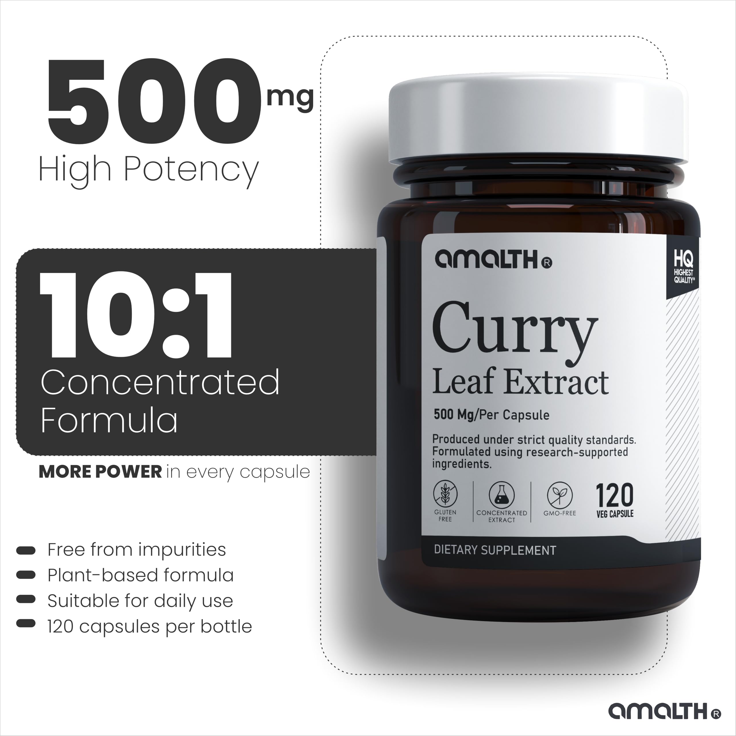 AMALTH Curry Leaf Extract Capsules 500mg with capsules displayed