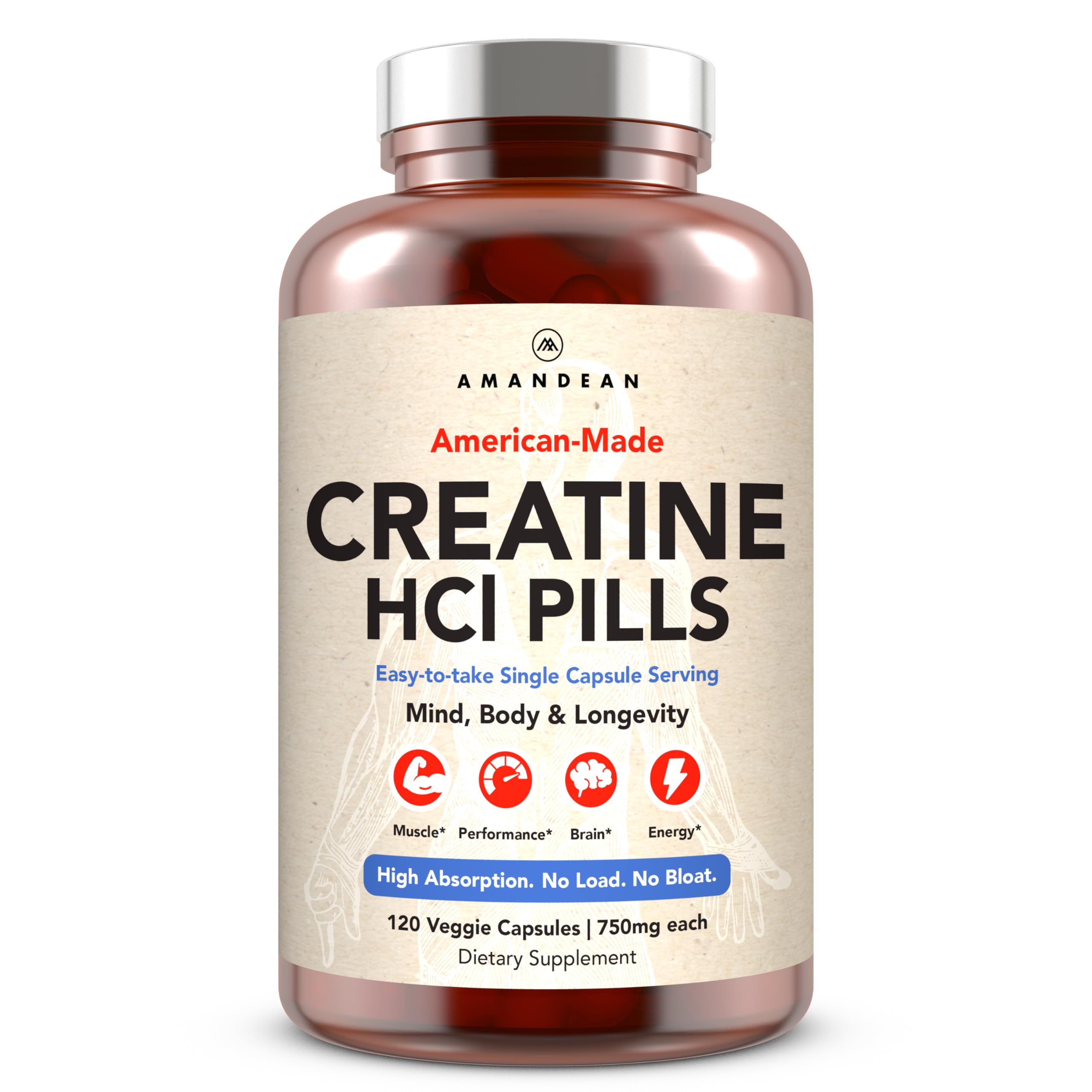 AMANDEAN Creatine HCl 750mg veggie capsules front view