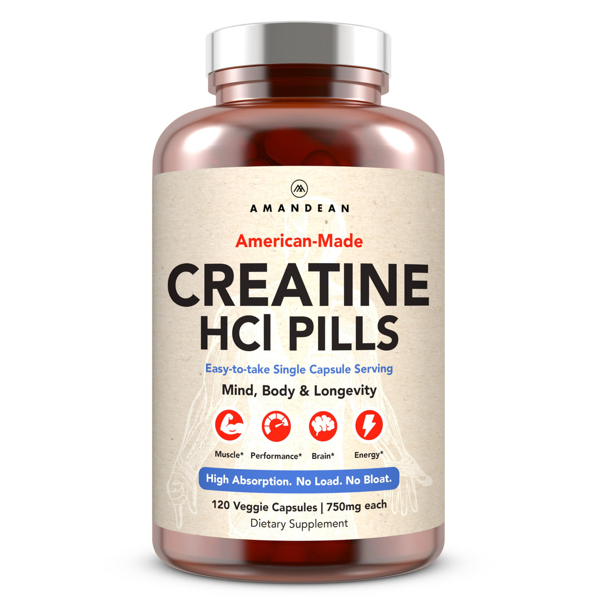AMANDEAN Creatine HCl 750mg veggie capsules front view
