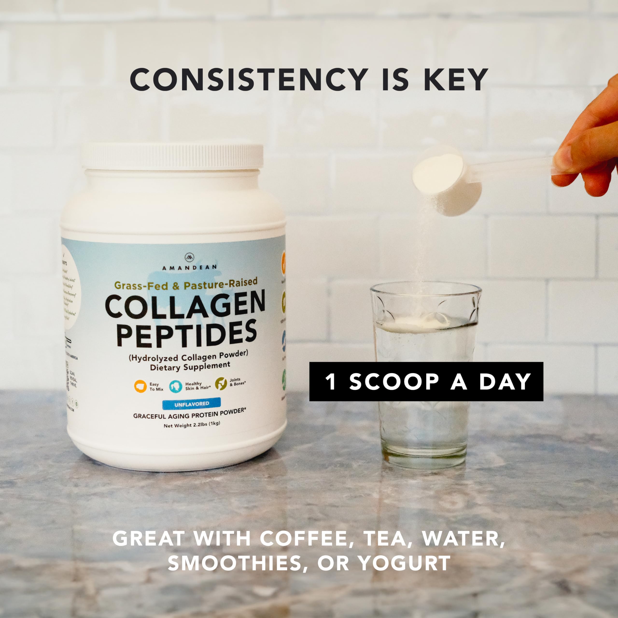 AMANDEAN Grass-Fed Beef Collagen Peptides in a glass of water