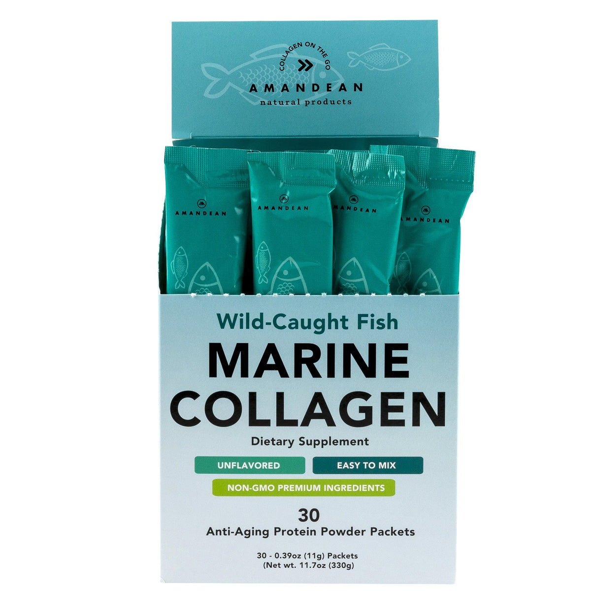 AMANDEAN Marine Collagen Peptides Packets front view with 30 servings