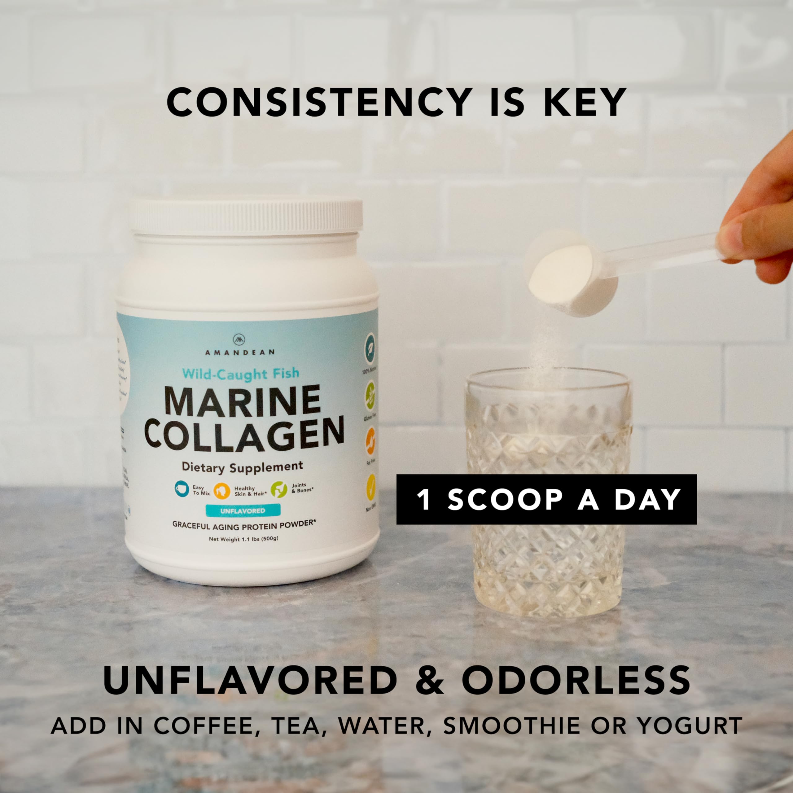AMANDEAN Marine Collagen Peptides with a glass of water