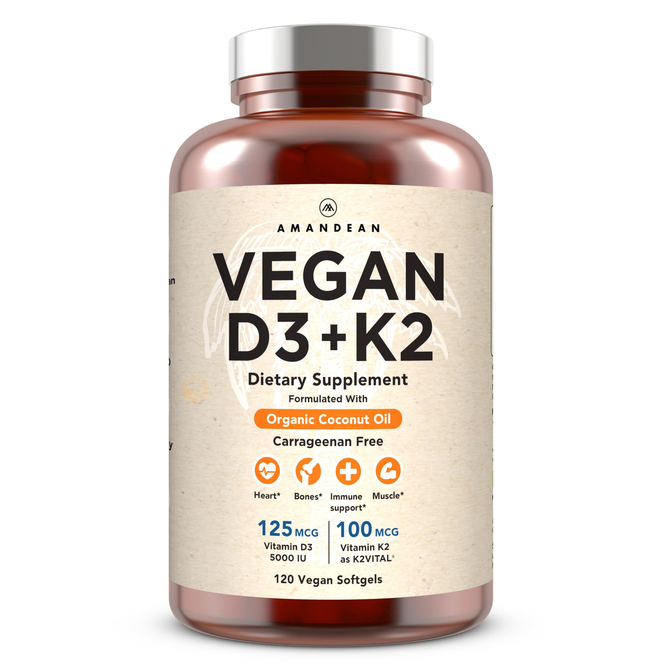 AMANDEAN Vitamin D3 + K2 Vegan Softgels front view