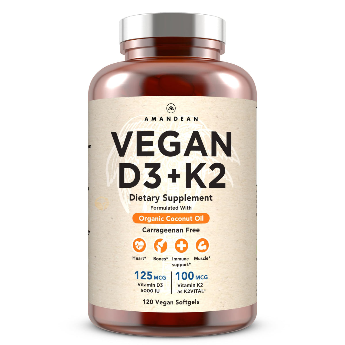 AMANDEAN Vitamin D3 + K2 Vegan Softgels front view