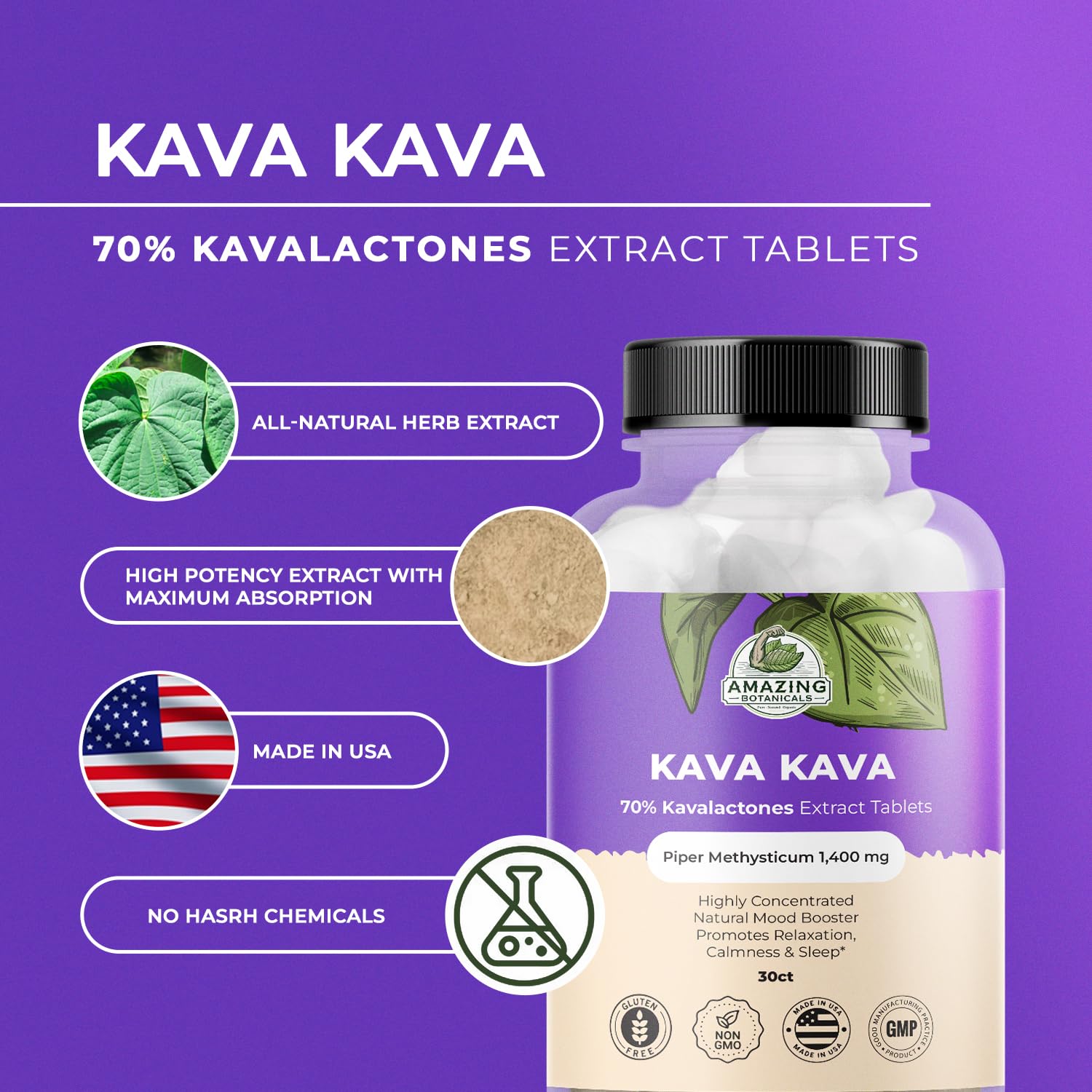Amazing Botanicals Kava Kava Tablets on a wooden table