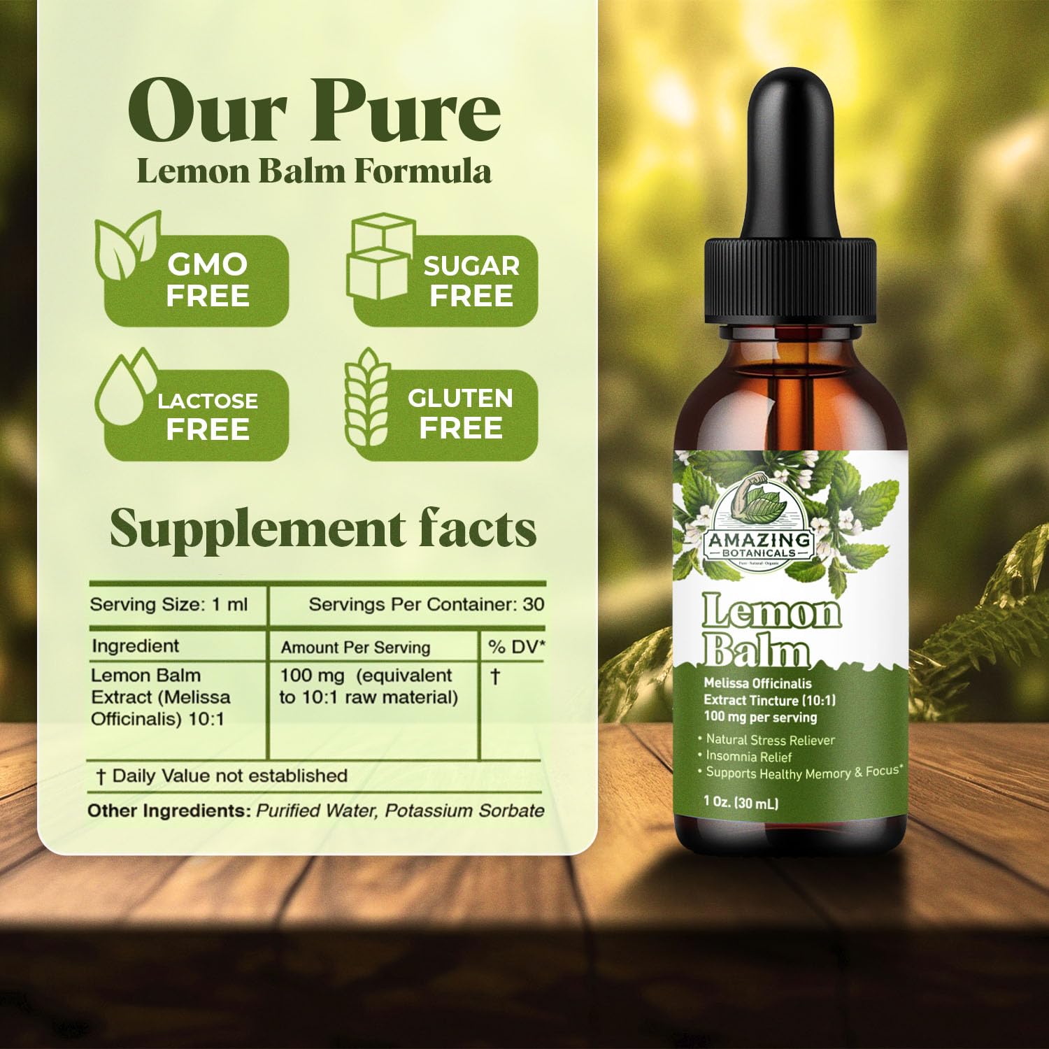 Amazing Botanicals Lemon Balm Extract Tincture 30ml bottle with dropper