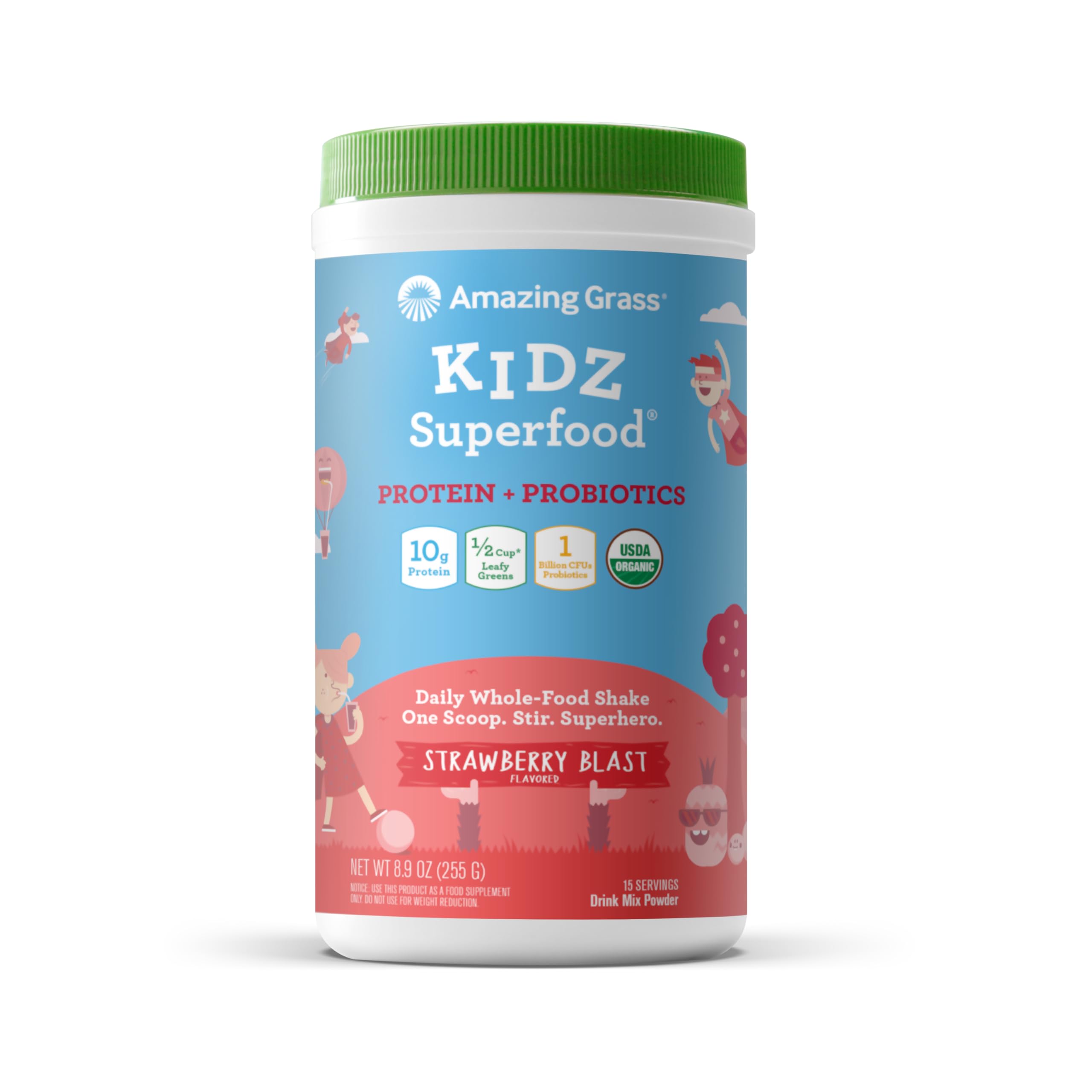 Amazing Grass Kidz SuperFood Protein + Probiotics packaging front view