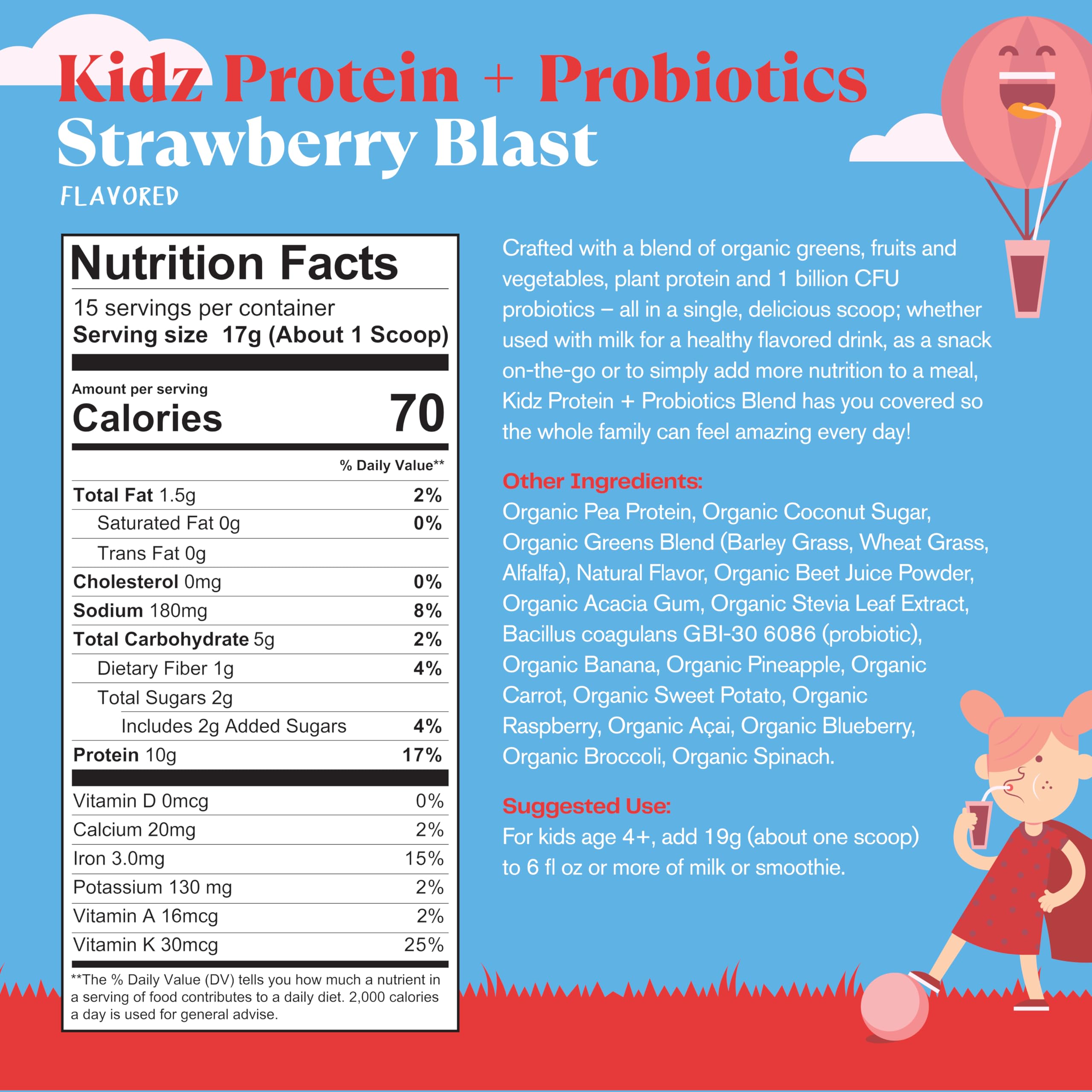 Amazing Grass Kidz SuperFood Protein + Probiotics scoop with powder
