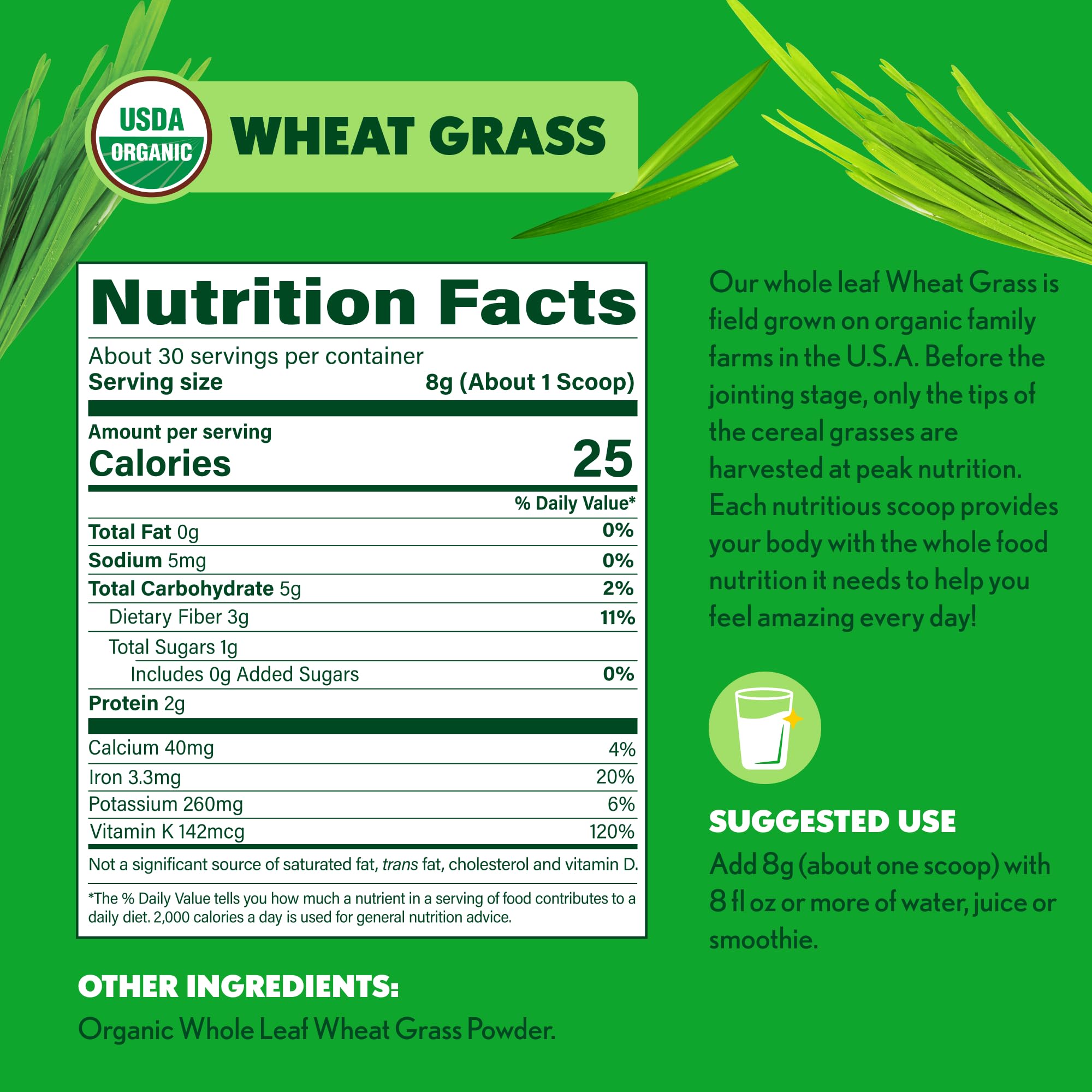 Amazing Grass Organic Wheat Grass Powder in a glass of water