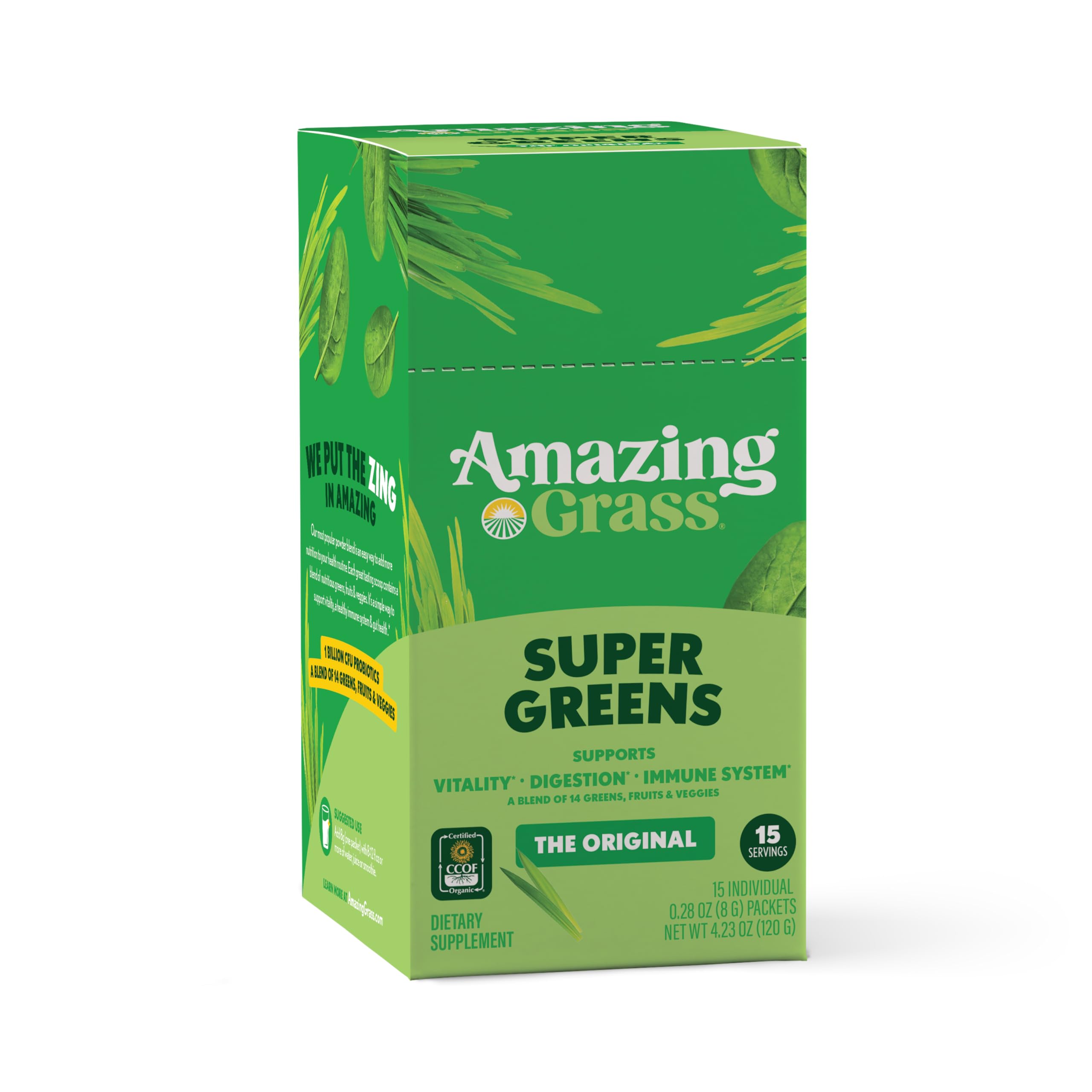 Amazing Grass Superfood Greens Blend 118g with a glass of water