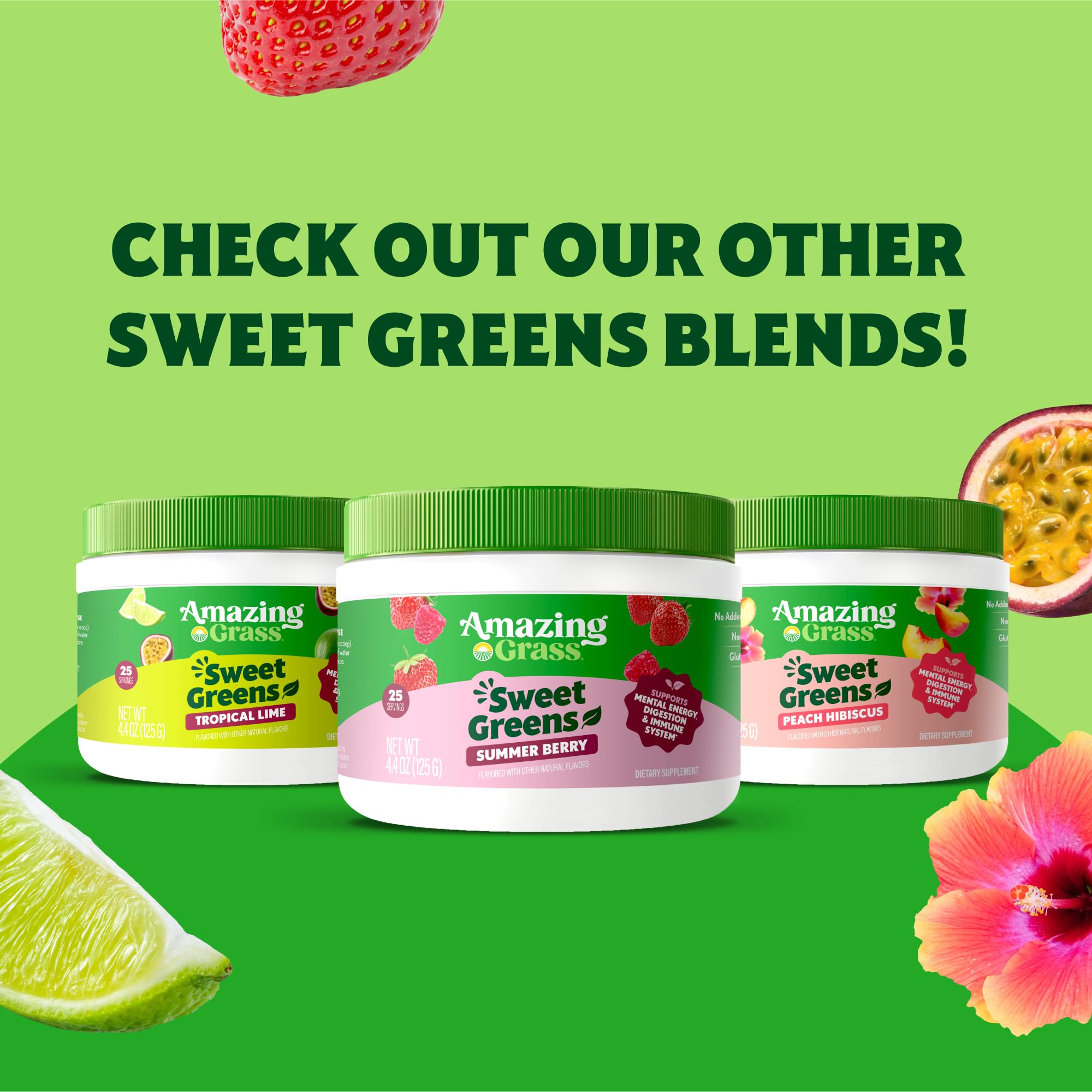 Amazing Grass Sweet Greens Blend Powder Tropical Lime on a kitchen counter