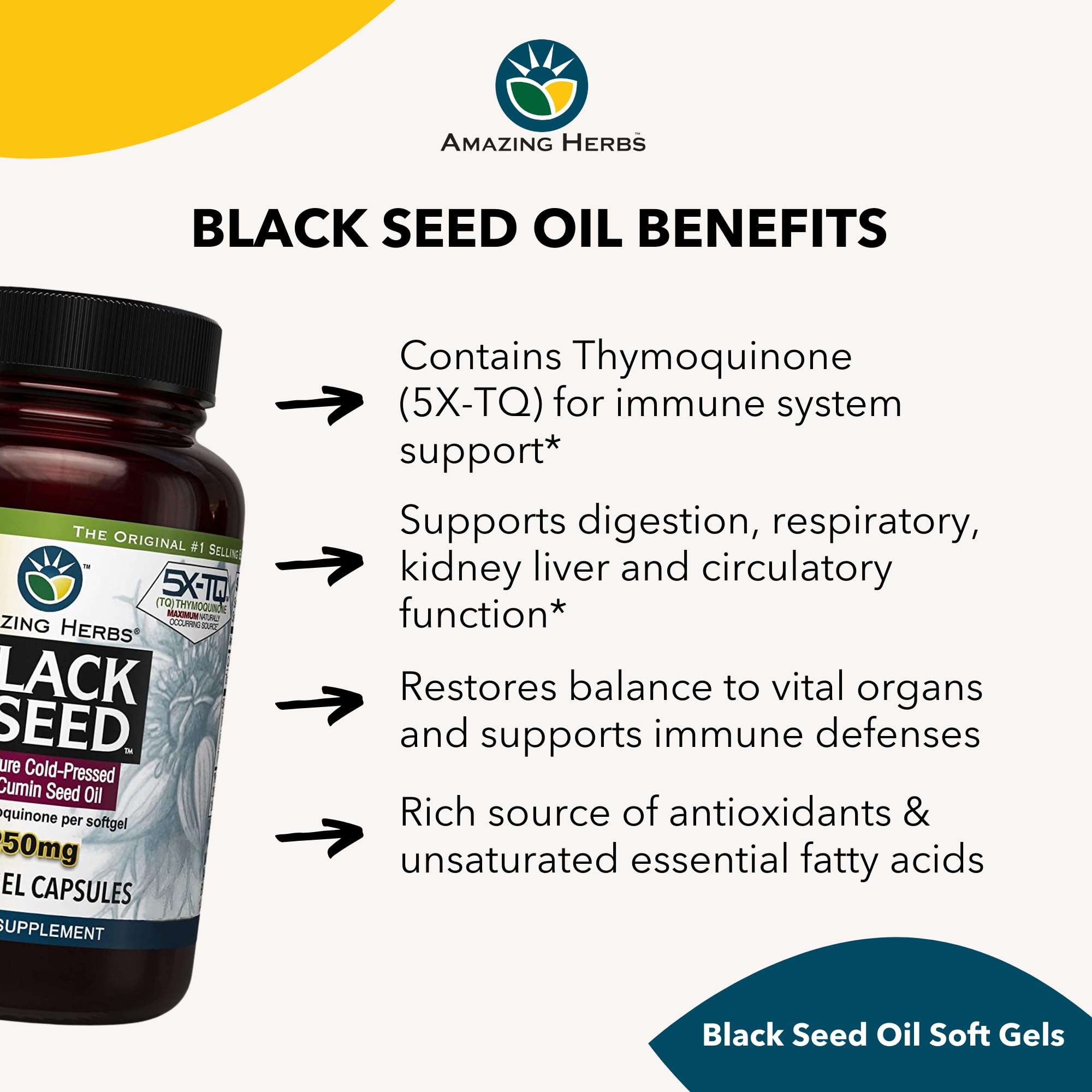 Amazing Herbs Black Seed Oil Capsules displayed on a table