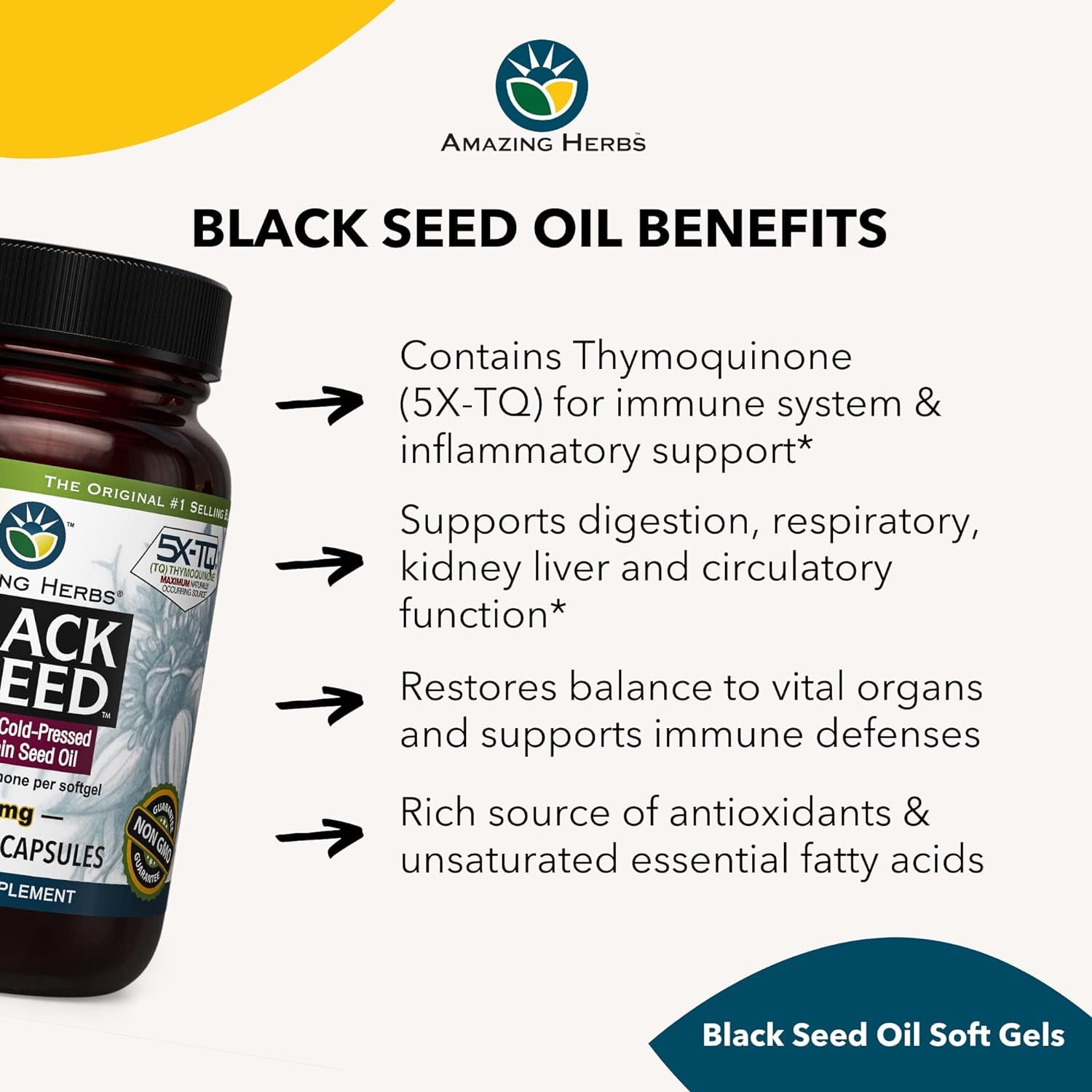 Amazing Herbs Black Seed Oil Capsules displayed with Nigella Sativa seeds