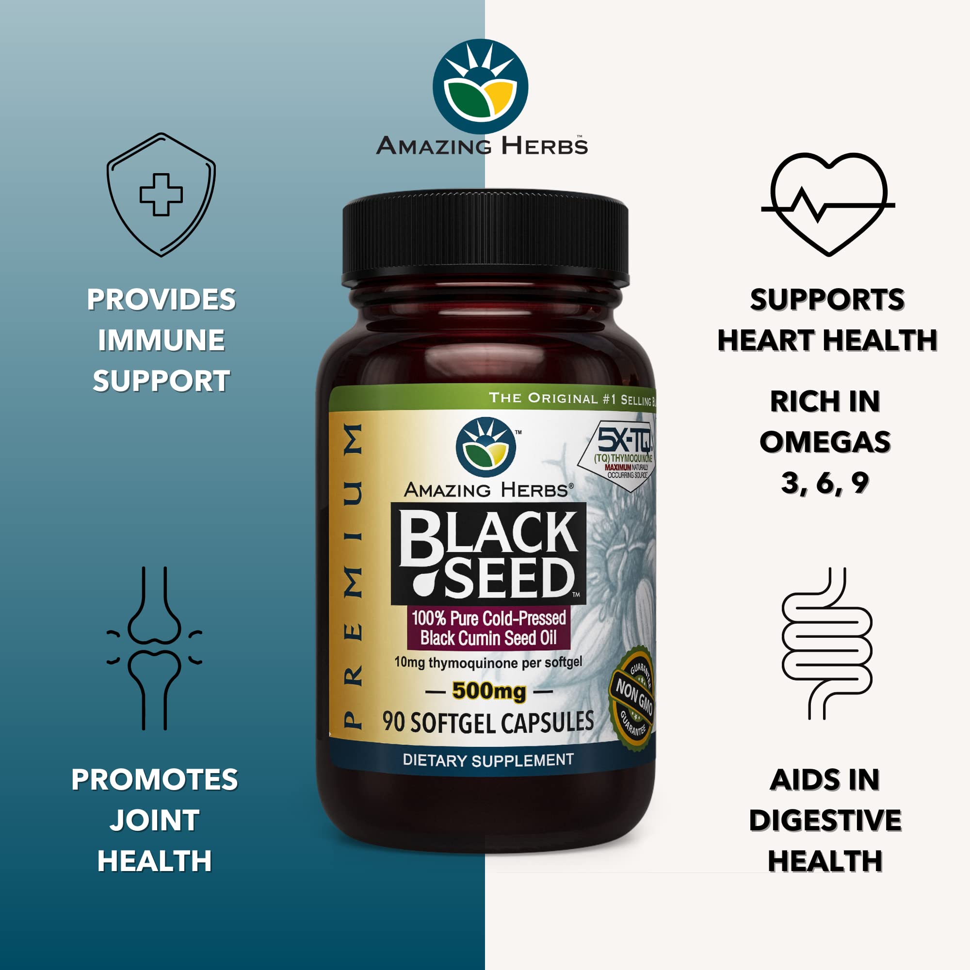 Amazing Herbs Black Seed Oil Capsules on a wooden table