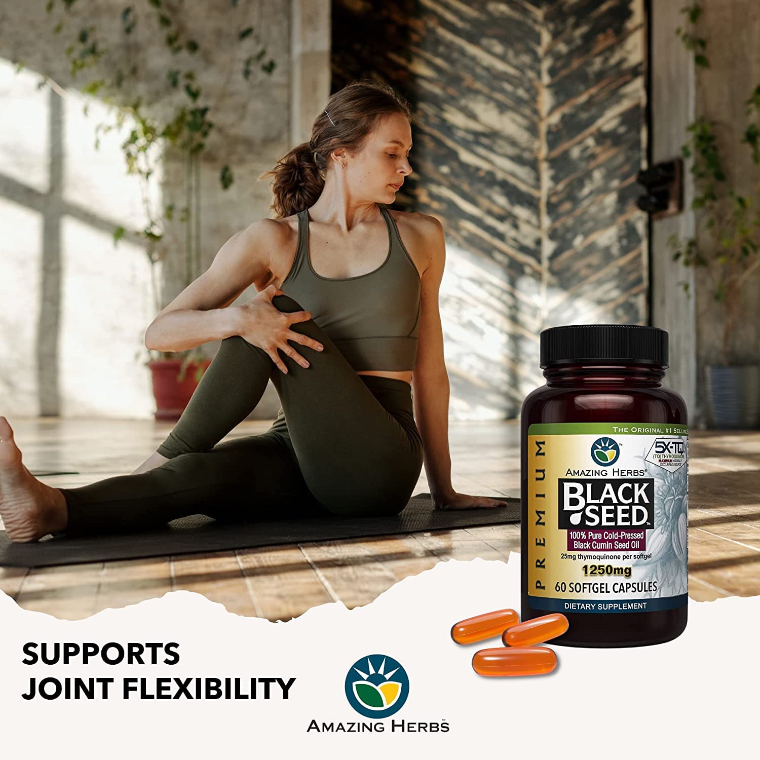 Amazing Herbs Black Seed Oil Capsules on a wooden table