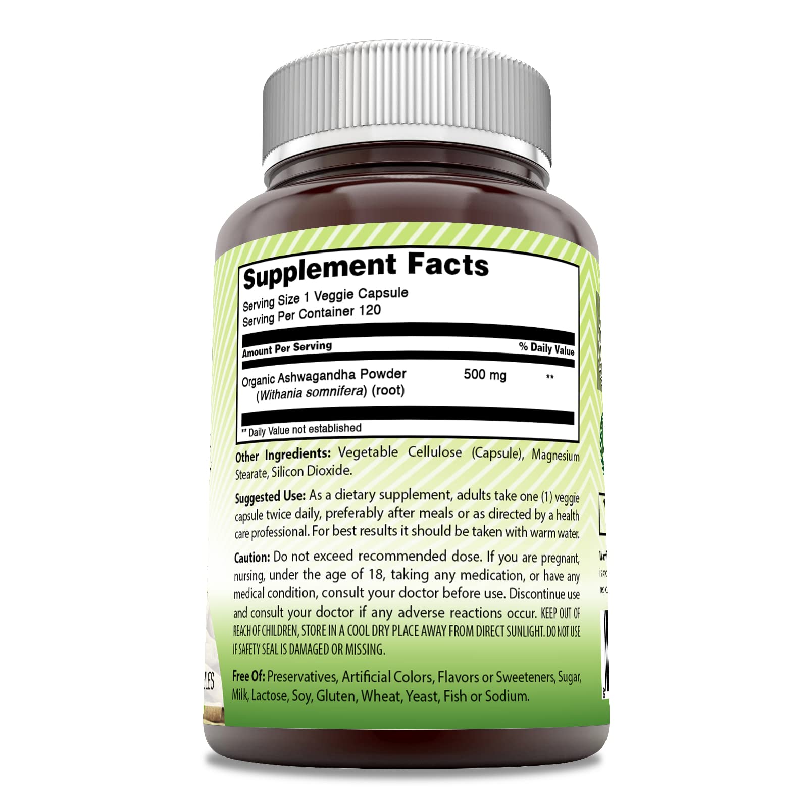Amazing India Ashwagandha bottle showing 120 veggie capsules