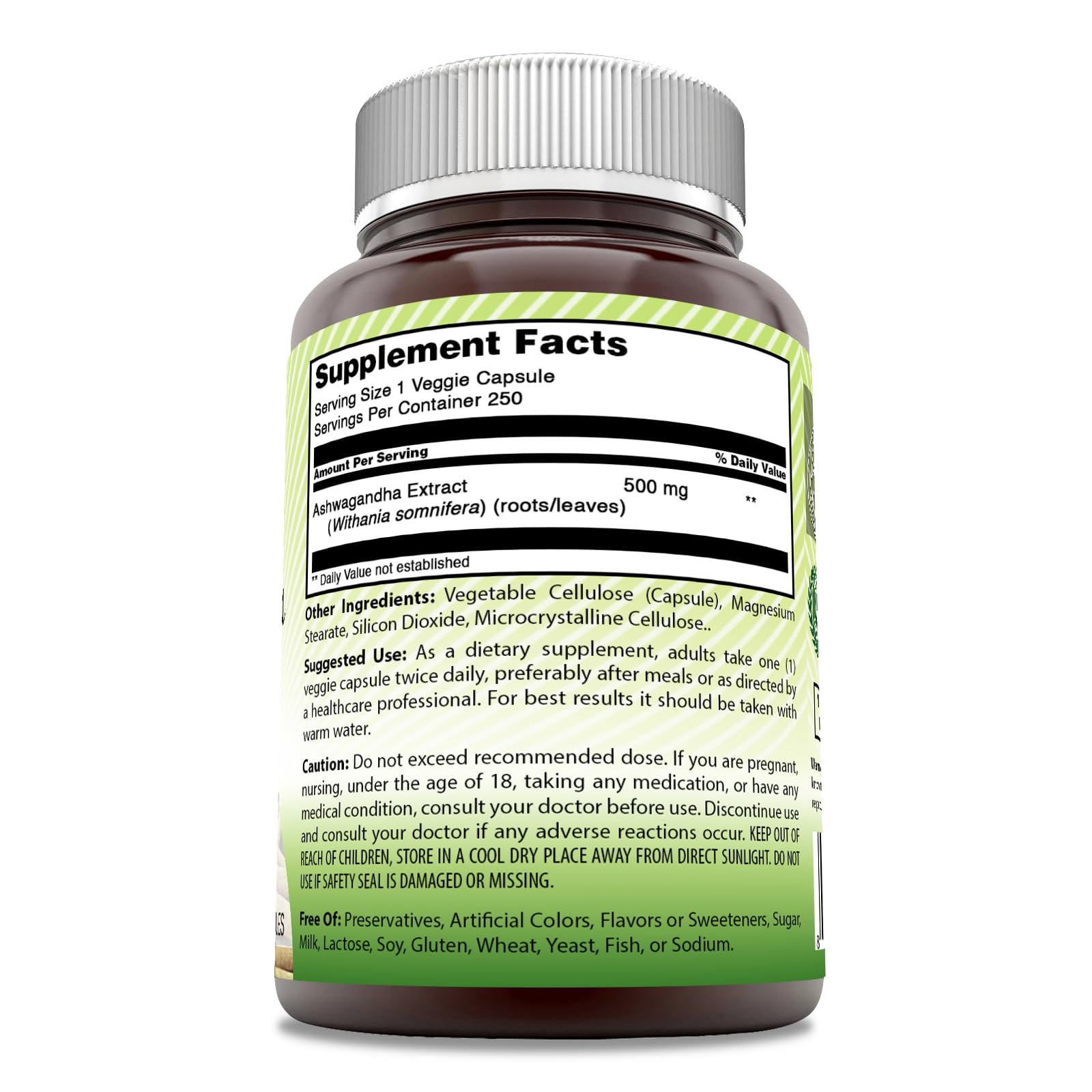 Amazing India Ashwagandha Extract 500mg 250 Veggie Capsules bottle side view